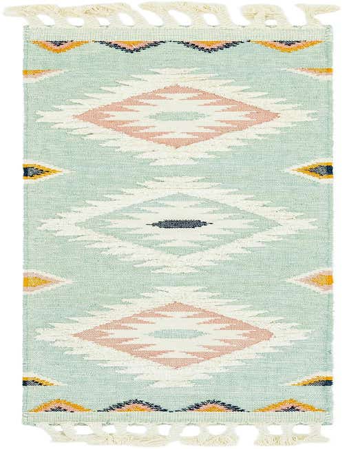 Light aqua 8 ft runner rug with a tribal Southwestern pattern in pink, yellow, and navy, featuring shag texture and decorative tassels.