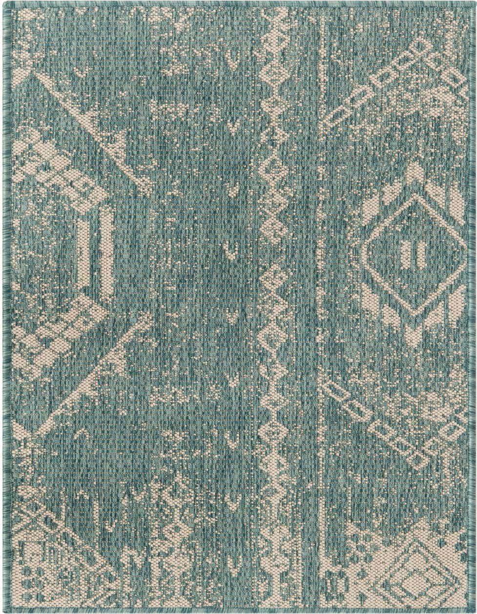 A 4 Ft runner rug in light aqua with a distressed traditional and modern geometric pattern, suitable for hallways or patios.