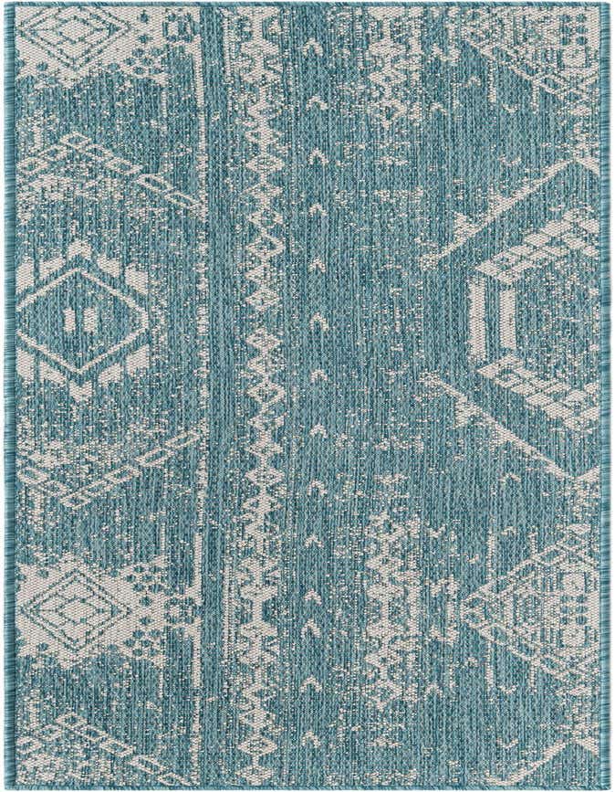 A light aqua 6 ft runner rug with a distressed traditional and geometric pattern, suitable for indoor/outdoor use.