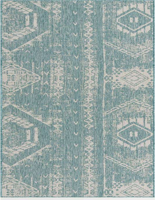 A 12 ft runner rug in light aqua with an abstract, modern pattern in off-white, suitable for hallways or patios.