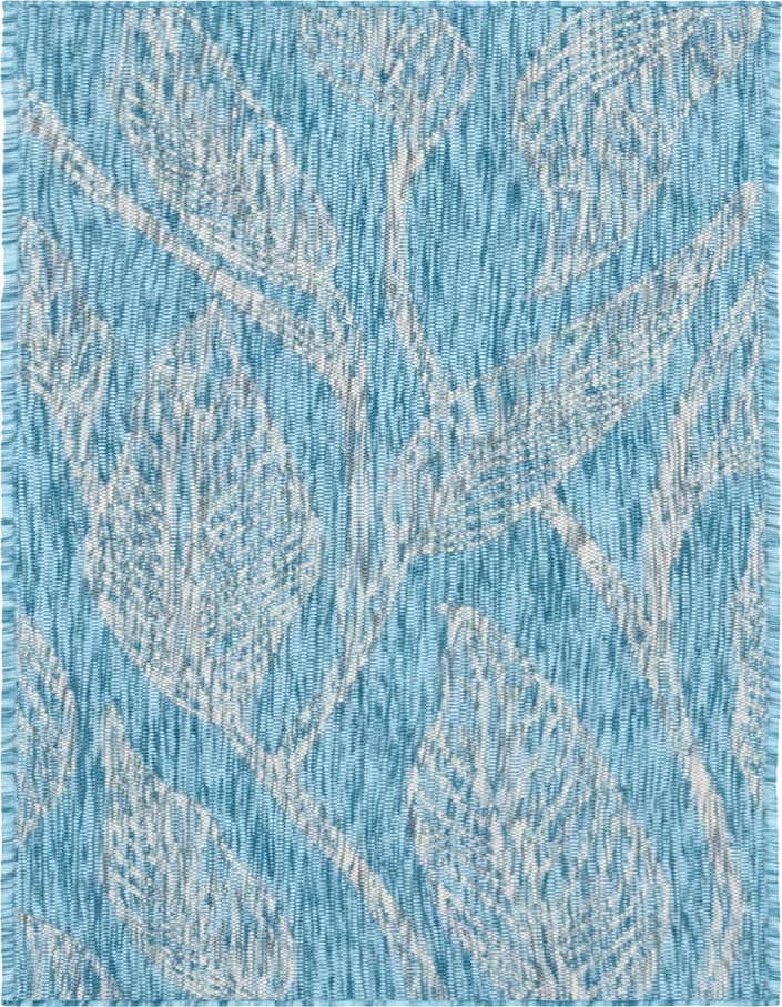 A 6 ft runner rug in light aqua with a modern botanical leaf pattern, suitable for indoor/outdoor use.