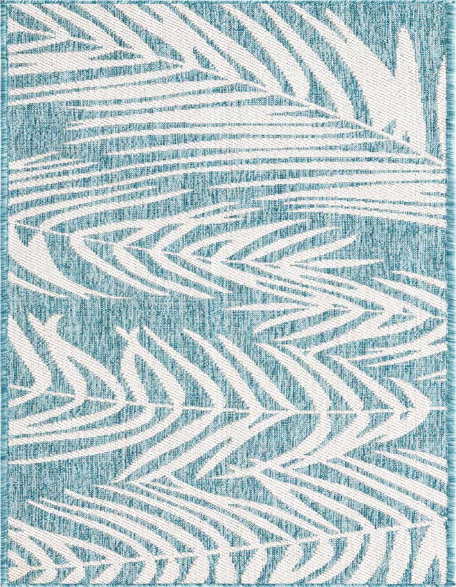 A 6 ft runner rug featuring a light aqua background with large white tropical palm leaf patterns, suitable for indoor or outdoor use.