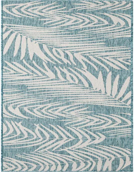 A 10 ft runner rug featuring a light aqua background with large, white botanical palm leaf patterns, suitable for a hallway or patio.