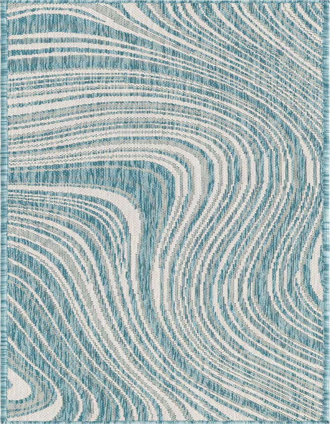 A 6 ft runner rug featuring a light aqua and off-white abstract wavy pattern, ideal for a hallway or patio.