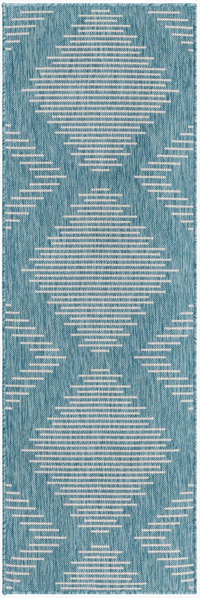 A 6 ft runner rug in light aqua with a modern Southwestern diamond pattern made of horizontal white stripes, suitable for indoor or outdoor use.