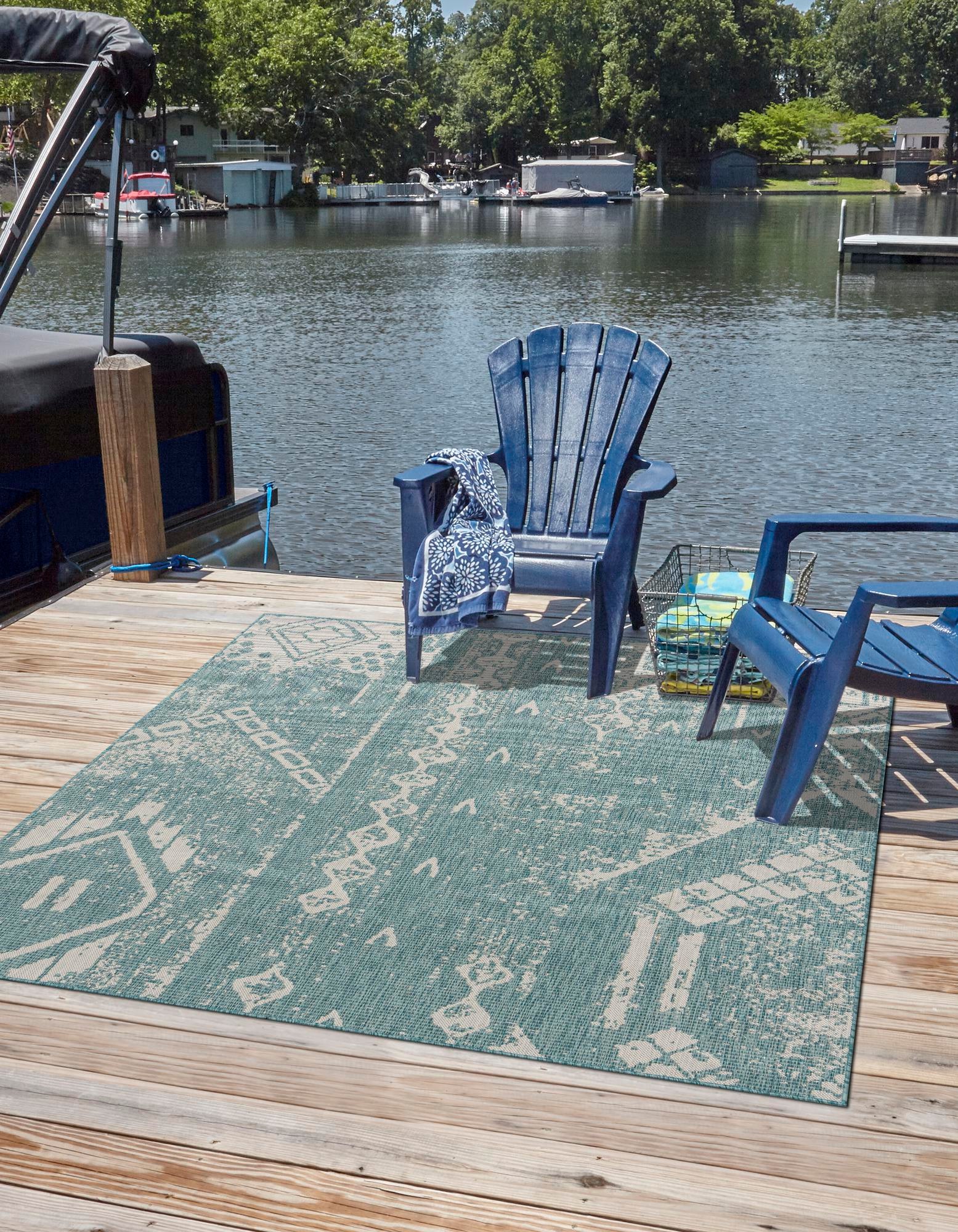Light Aqua 13' x 13' Flora Bohemian Indoor / Outdoor Square Rug | Rugs.com
