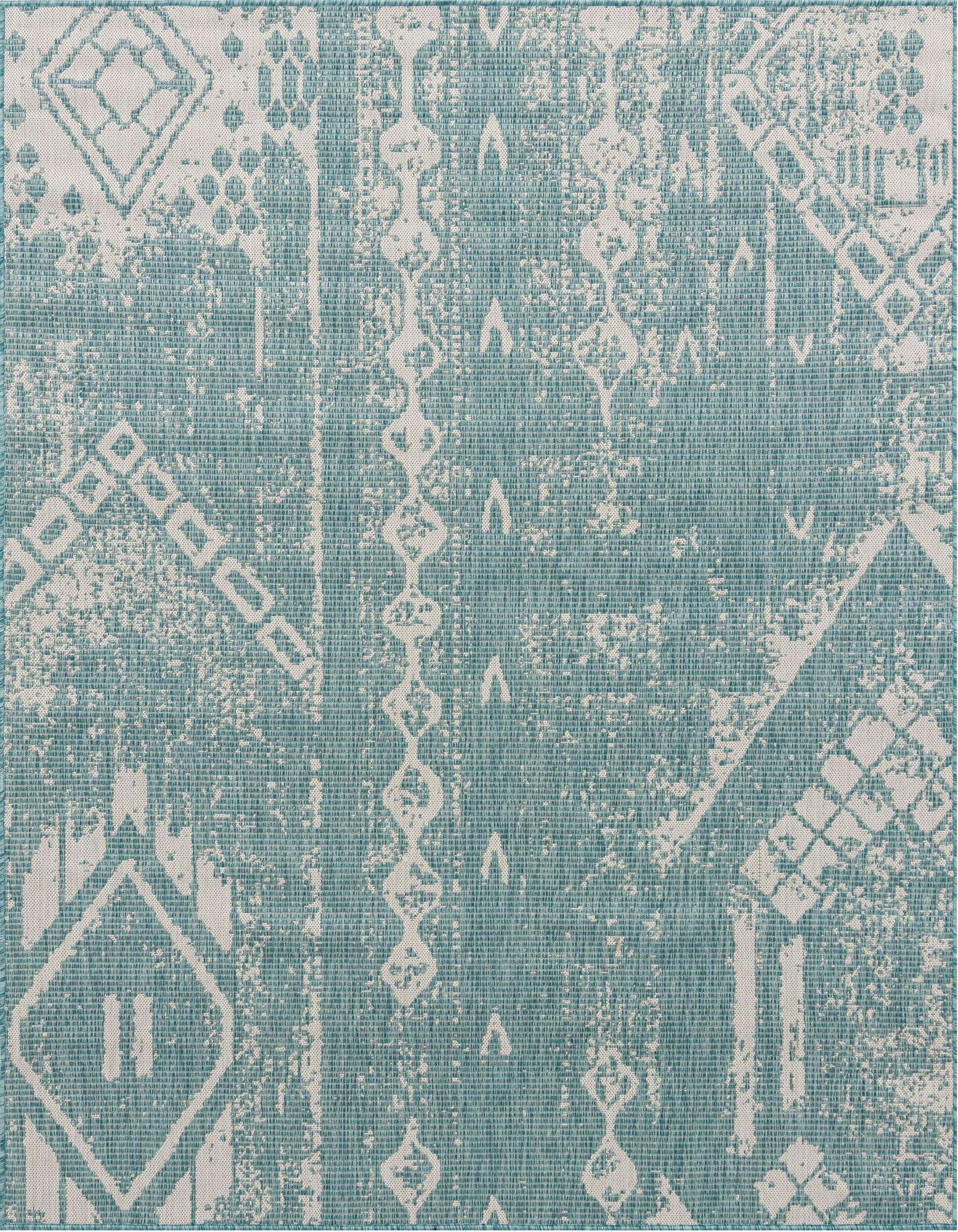 A light aqua and white modern abstract square rug with geometric patterns, suitable for indoor or outdoor use.