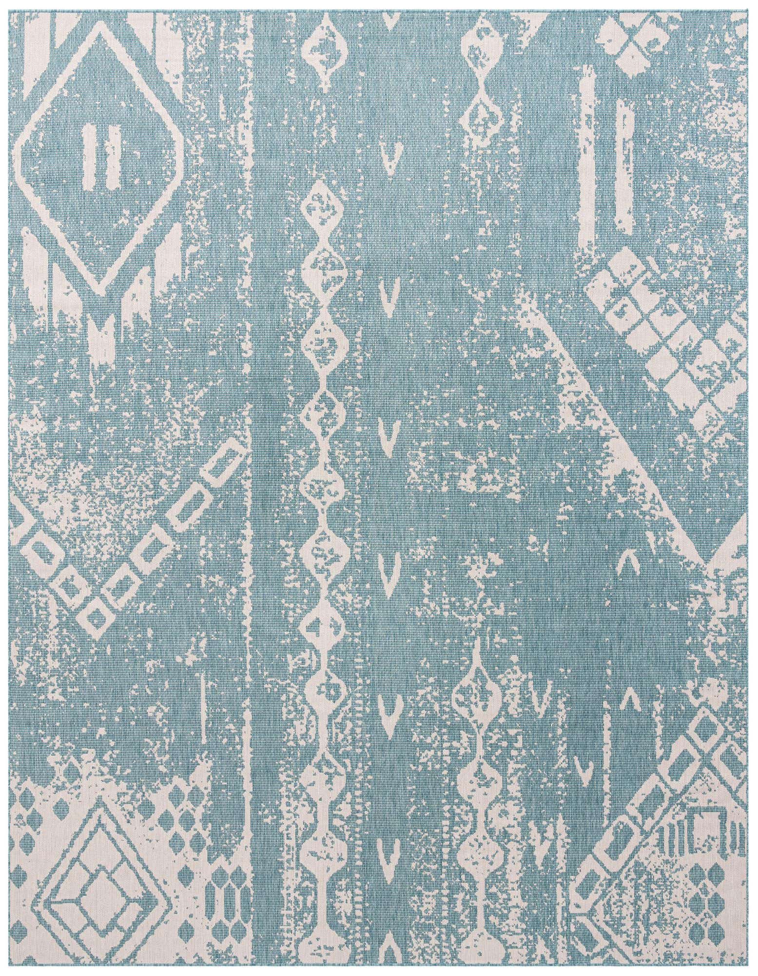 A 13' square light aqua and cream modern abstract outdoor rug with distressed geometric patterns.