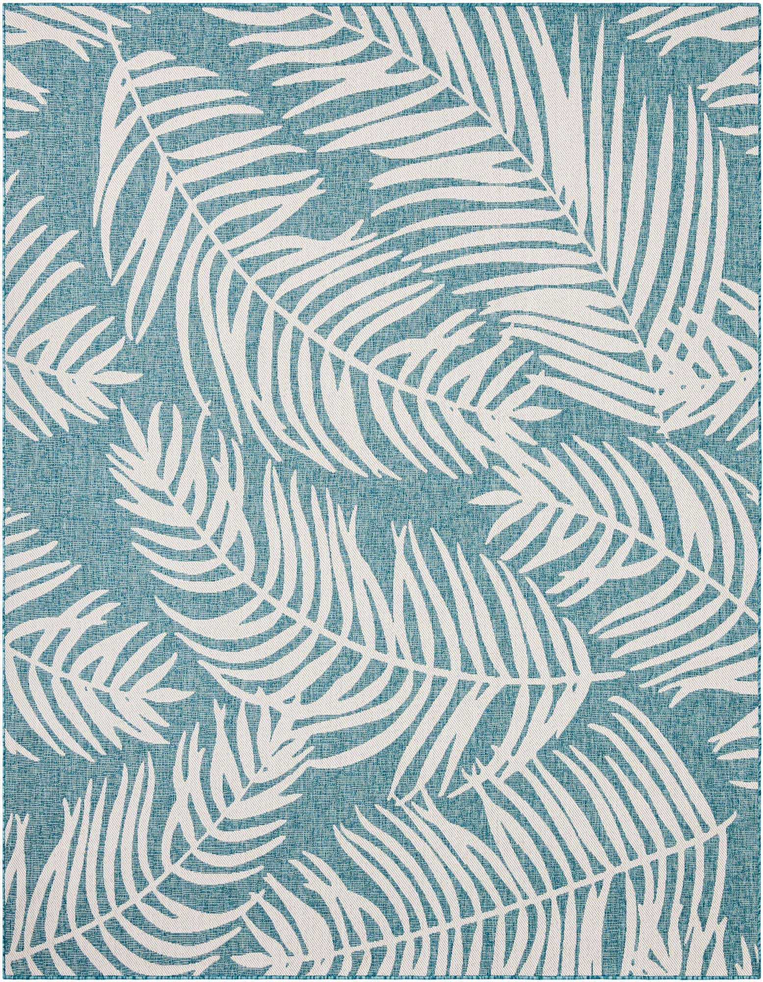 A light aqua square rug with a modern botanical pattern of large white palm fronds, suitable for indoor or outdoor use.