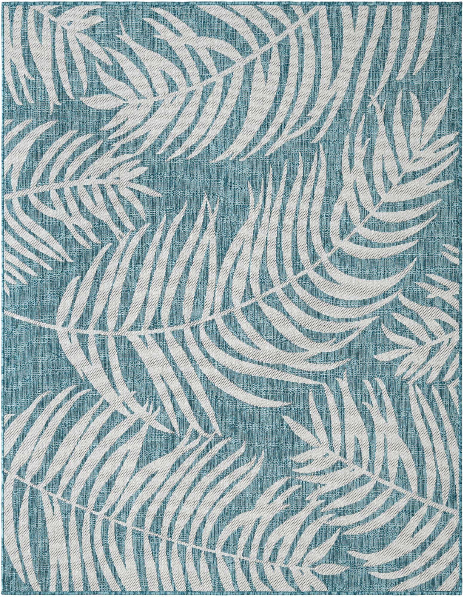 A 6'x6' square light aqua indoor/outdoor rug with a modern botanical pattern of large white palm leaves.