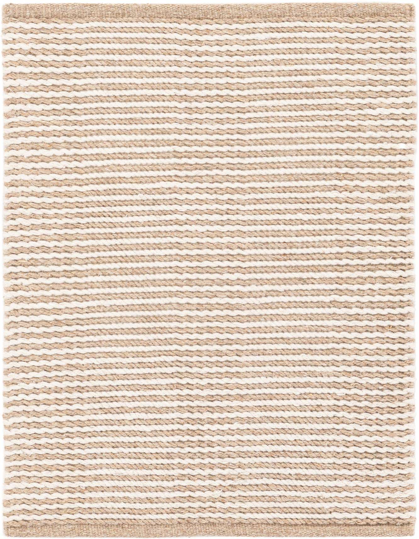 A 2x3 rectangular modern area rug featuring alternating horizontal stripes of light beige wool and ivory cotton.