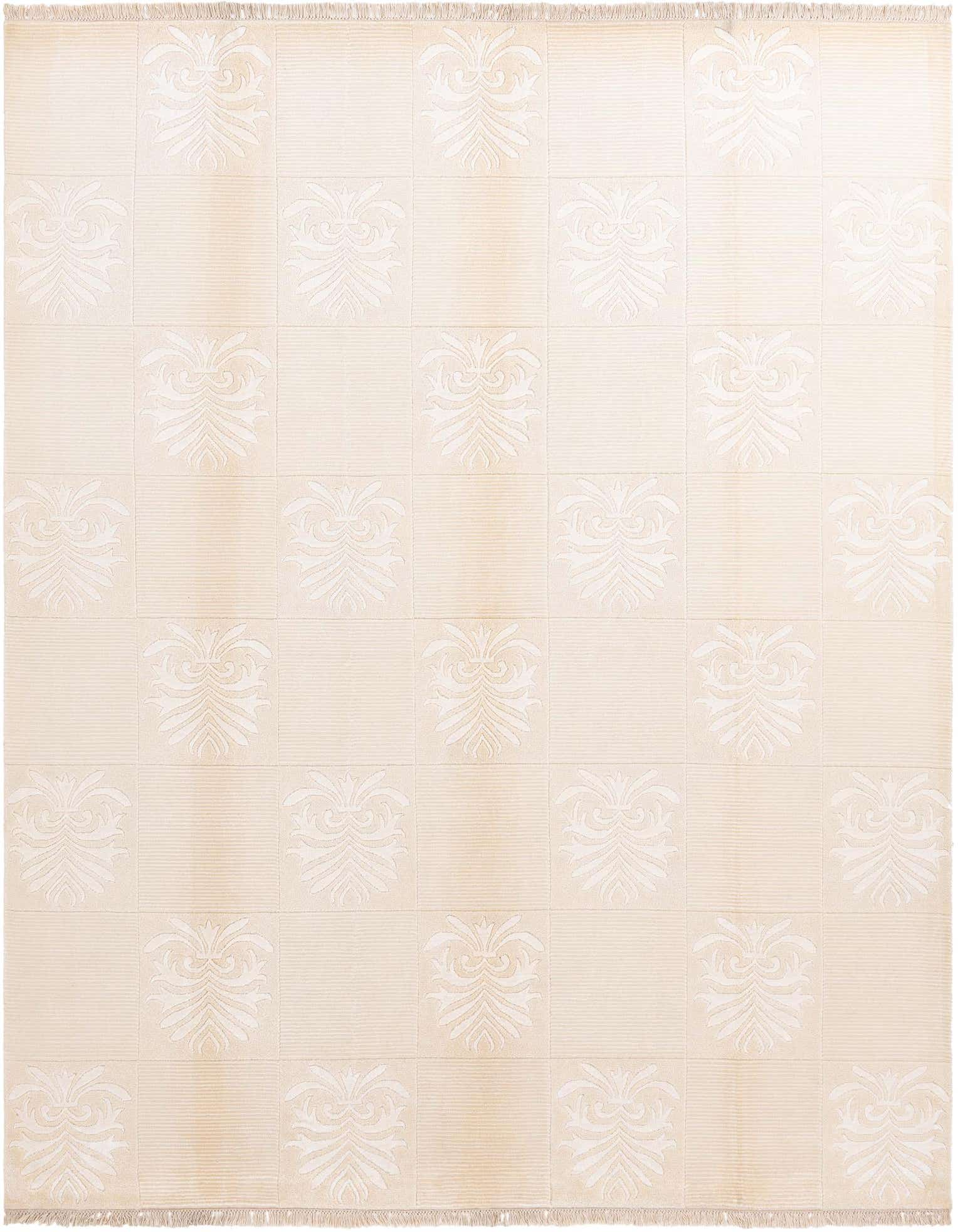 An 8x10 rectangular light beige and ivory wool rug featuring a repeating modern oriental medallion pattern.