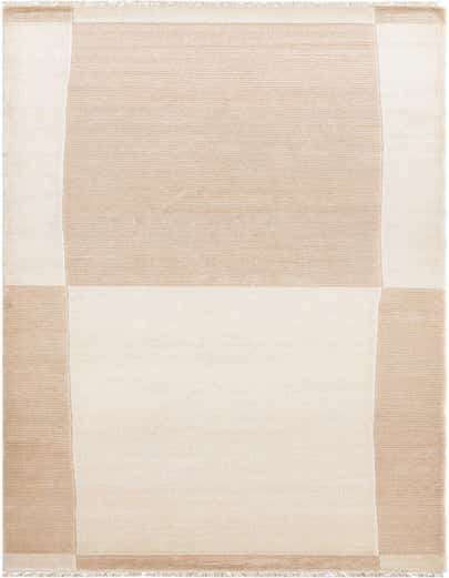 A 13 ft runner rug in light beige and ivory, featuring a modern striped pattern with a high pile.
