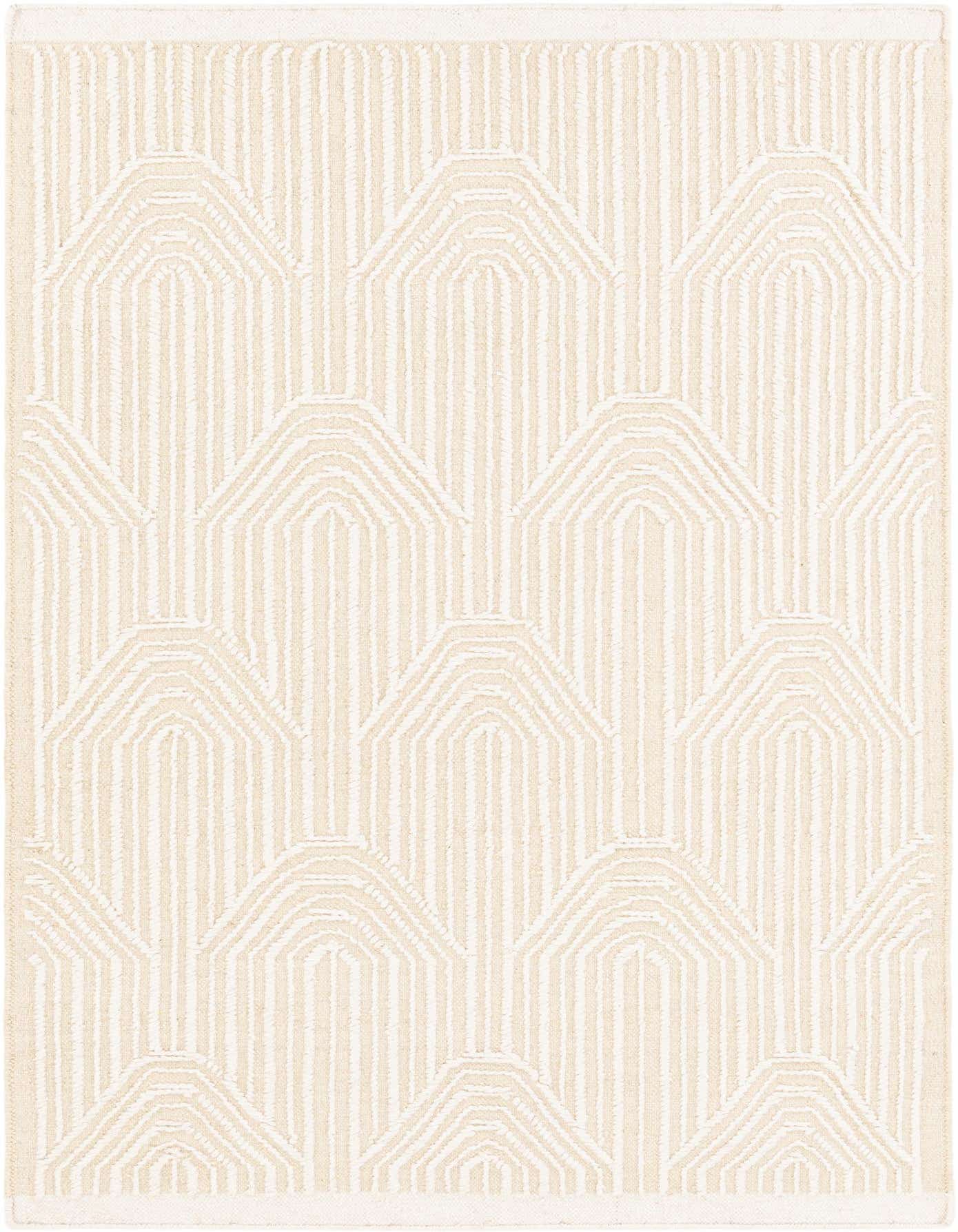 A 4x6 rectangular ivory and cream modern rug with an abstract geometric pattern of arched lines and vertical stripes.