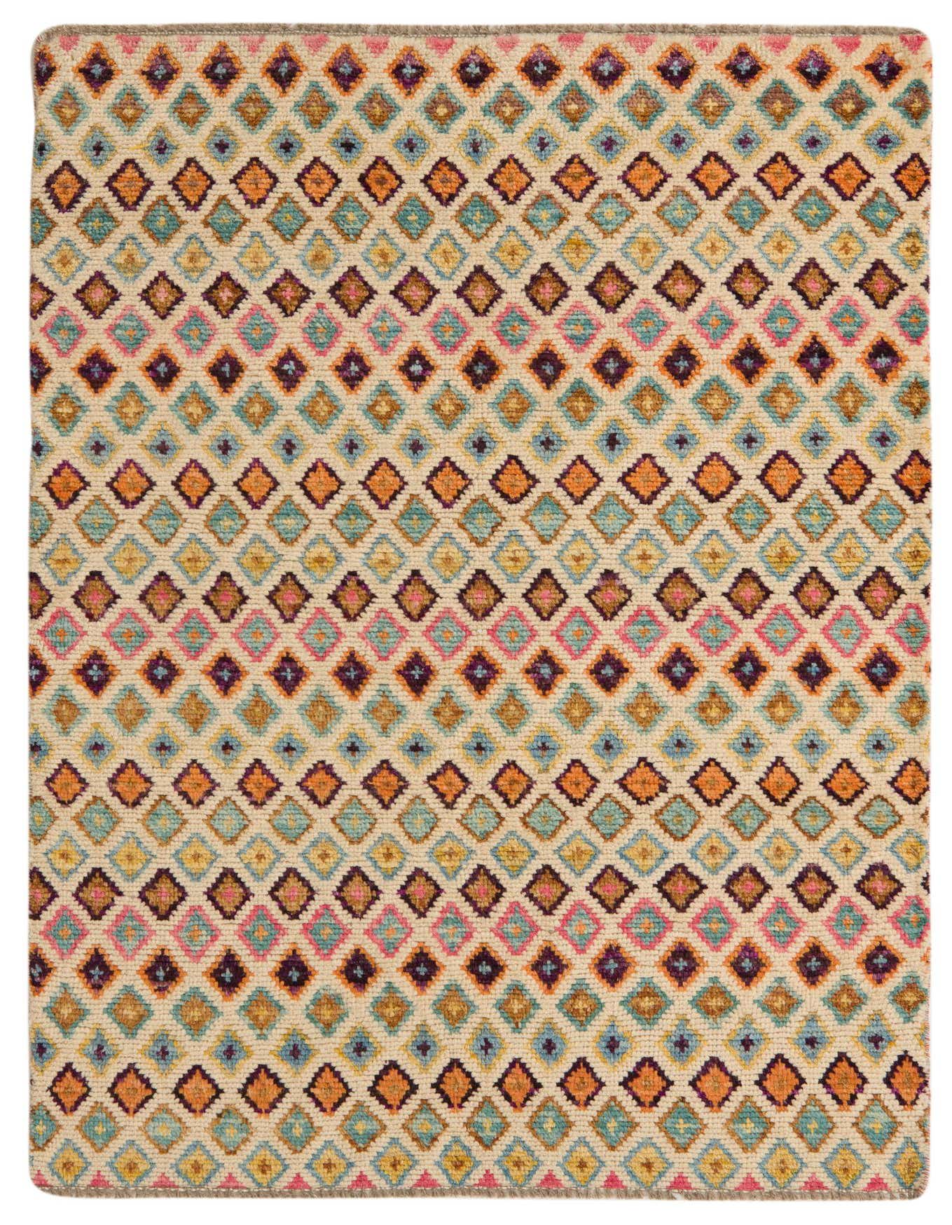 A 4x6 rectangular ivory wool rug featuring a vibrant tribal diamond pattern in teal, orange, pink, and purple.