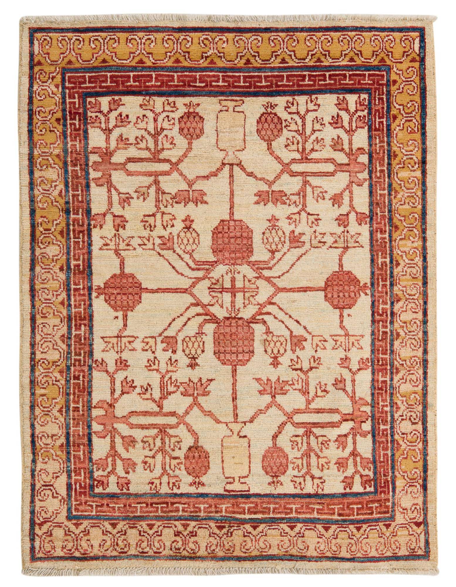A 3x4 rectangular Rugs.com Balouch rug featuring an ivory field with a red tribal, abstract pattern and a multi-layered border in red, blue, and gold.