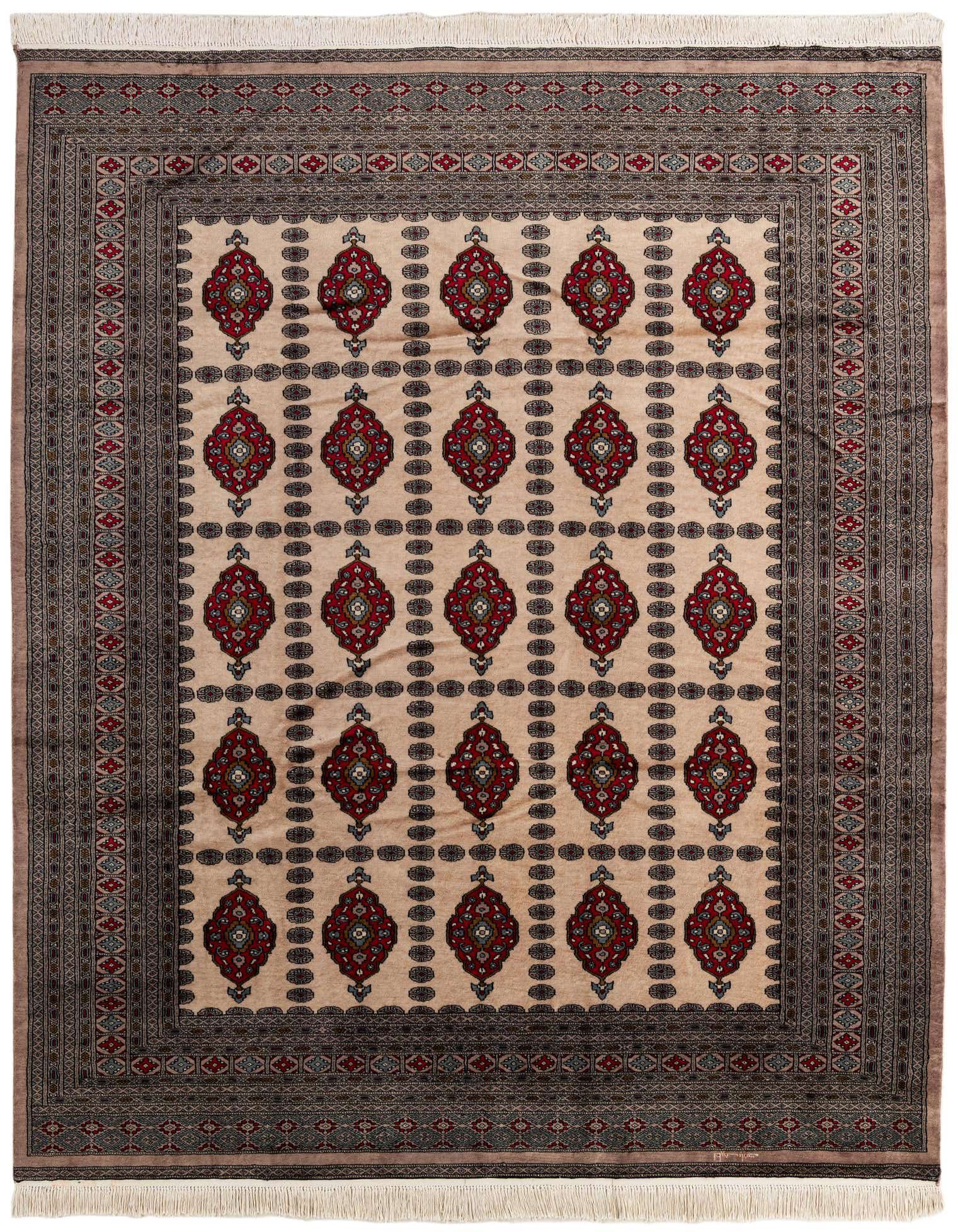 A rectangular 8x10 Bokhara rug featuring a cream field with repeating red and black tribal medallions, bordered by intricate patterns.