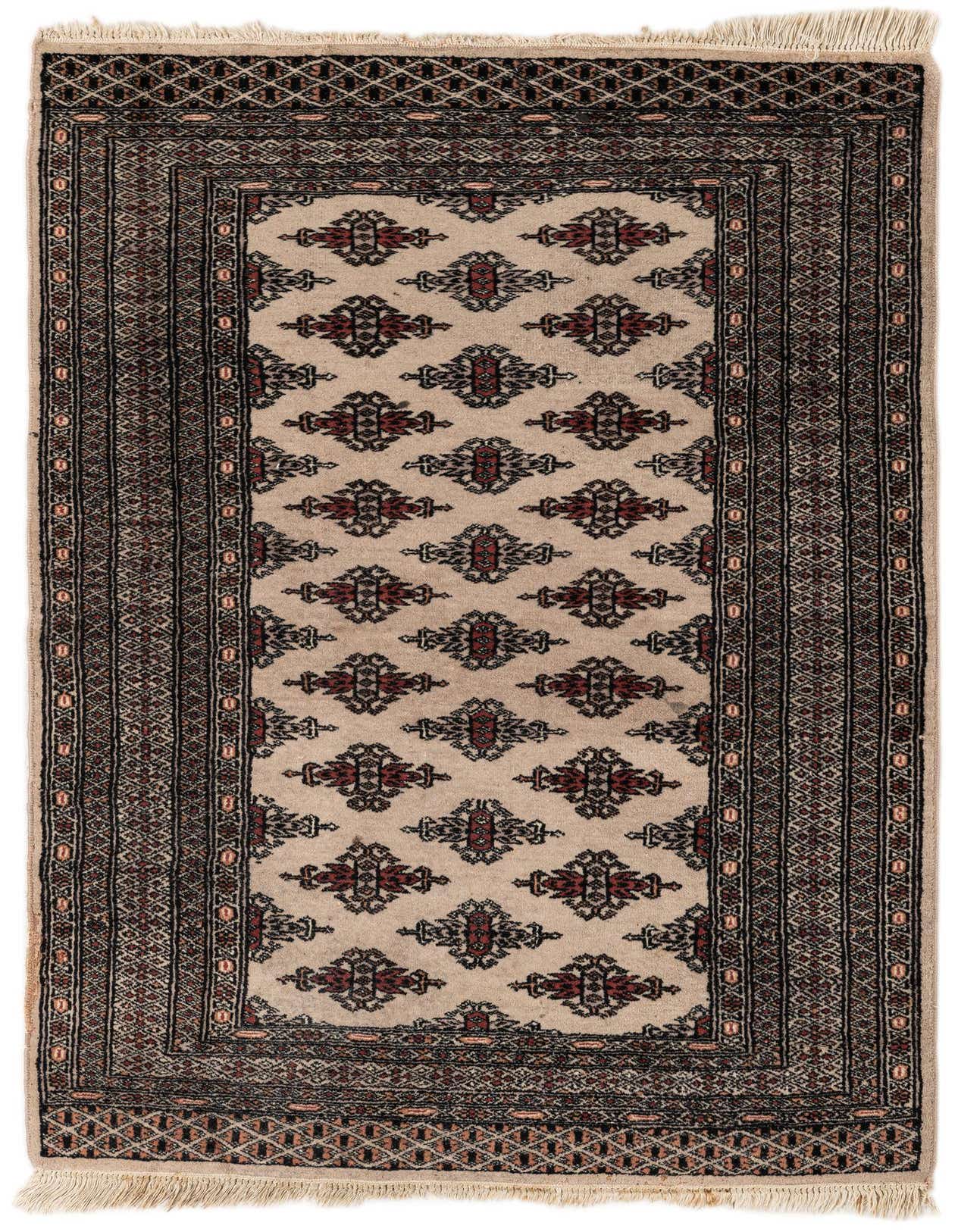 A 3x5 rectangular Bokhara rug in ivory and cream with a tribal oriental pattern and fringe.