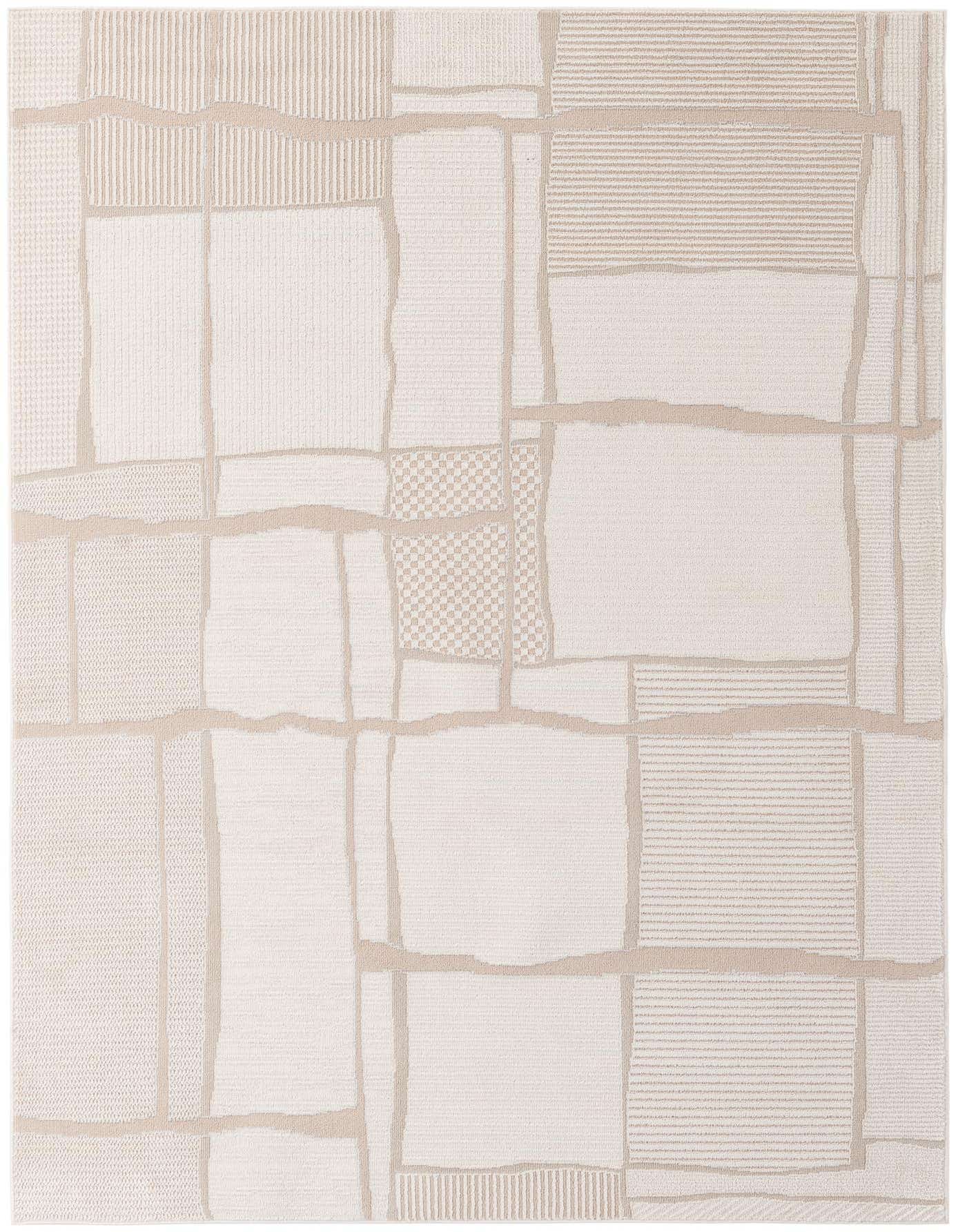 A 5x7 rectangular ivory and cream modern abstract rug with varying textures and a thin pile.