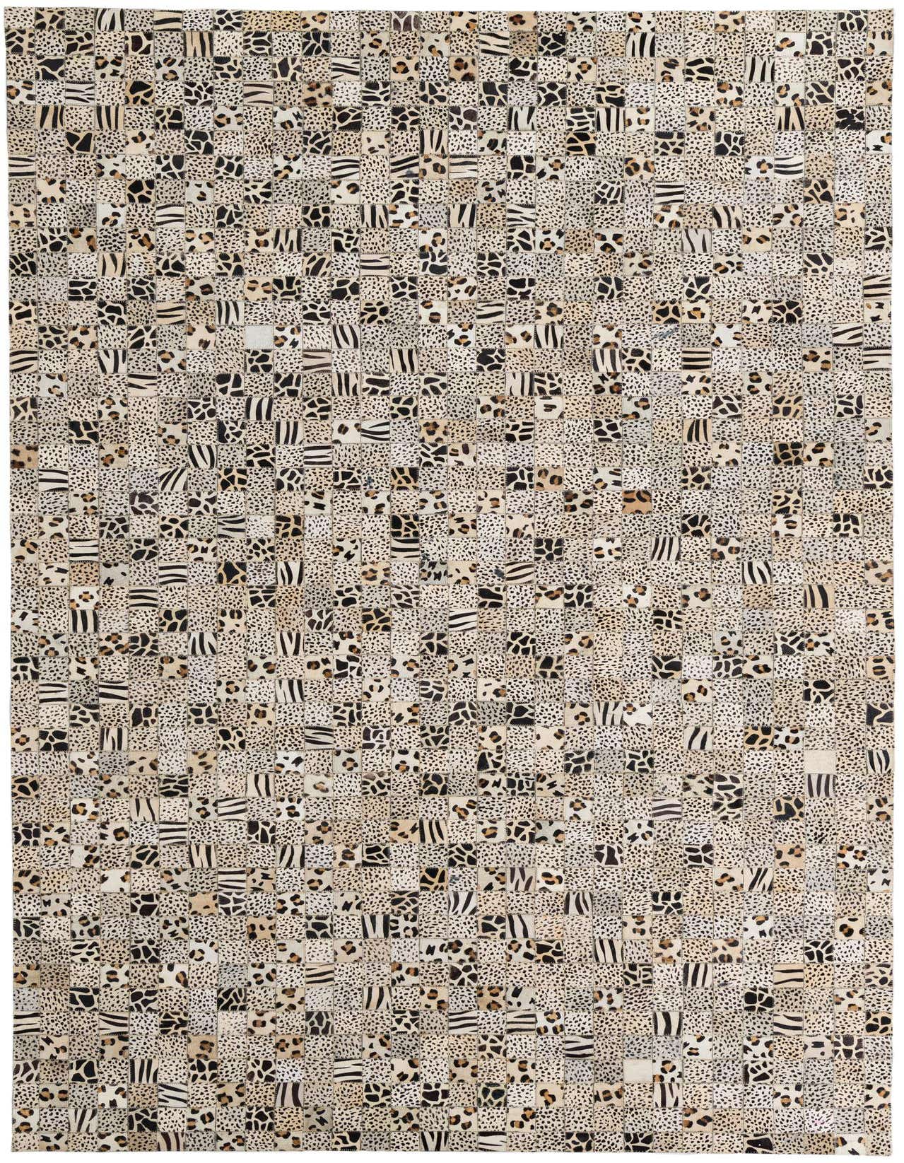 A rectangular 5x8 modern rug featuring a patchwork of ivory and cream cowhide squares with varied black and brown animal prints like leopard and zebra.
