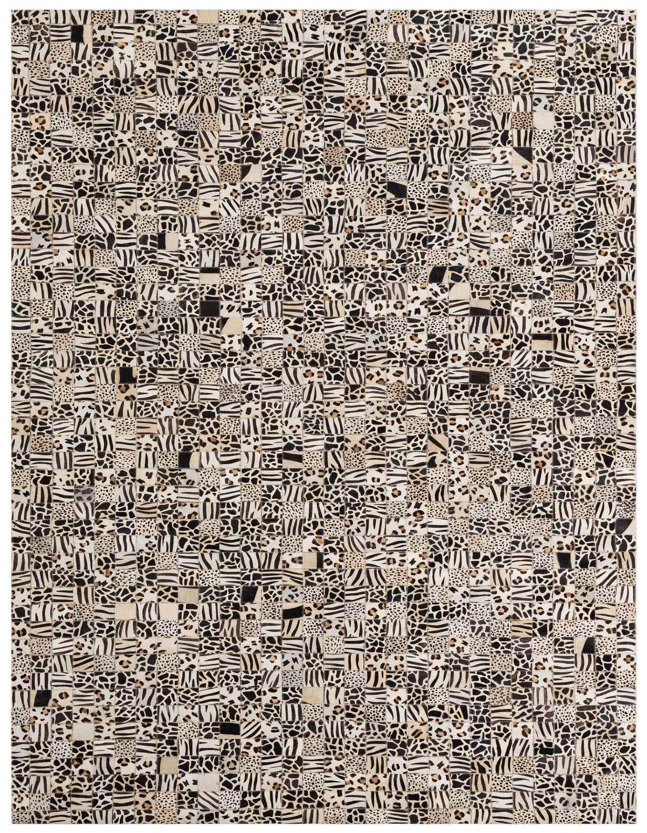 A 5x8 rectangular modern rug featuring a patchwork of ivory, black, and brown cowhide leather with various animal prints.