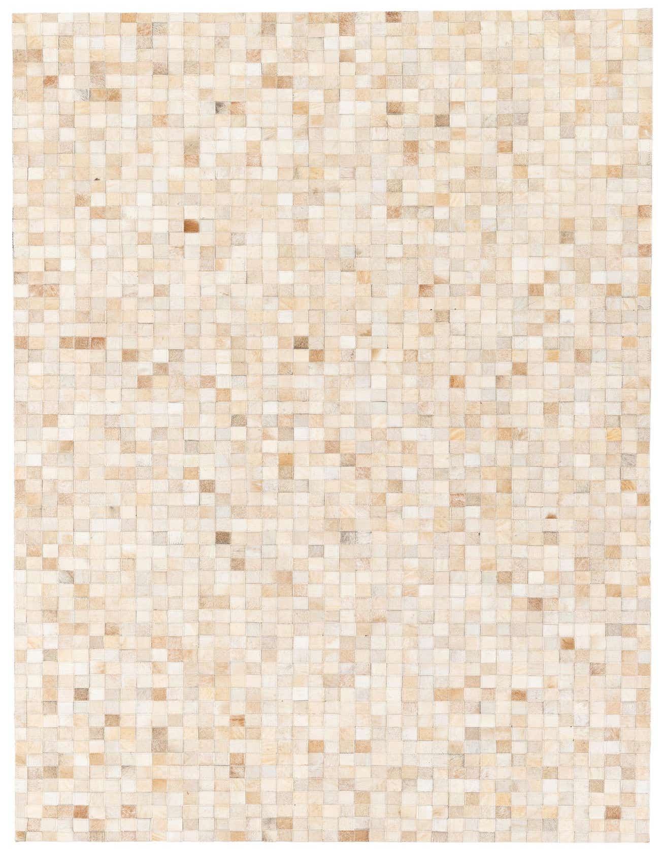 A rectangular 5x8 modern rug made of small square patches of ivory and cream cowhide and leather.