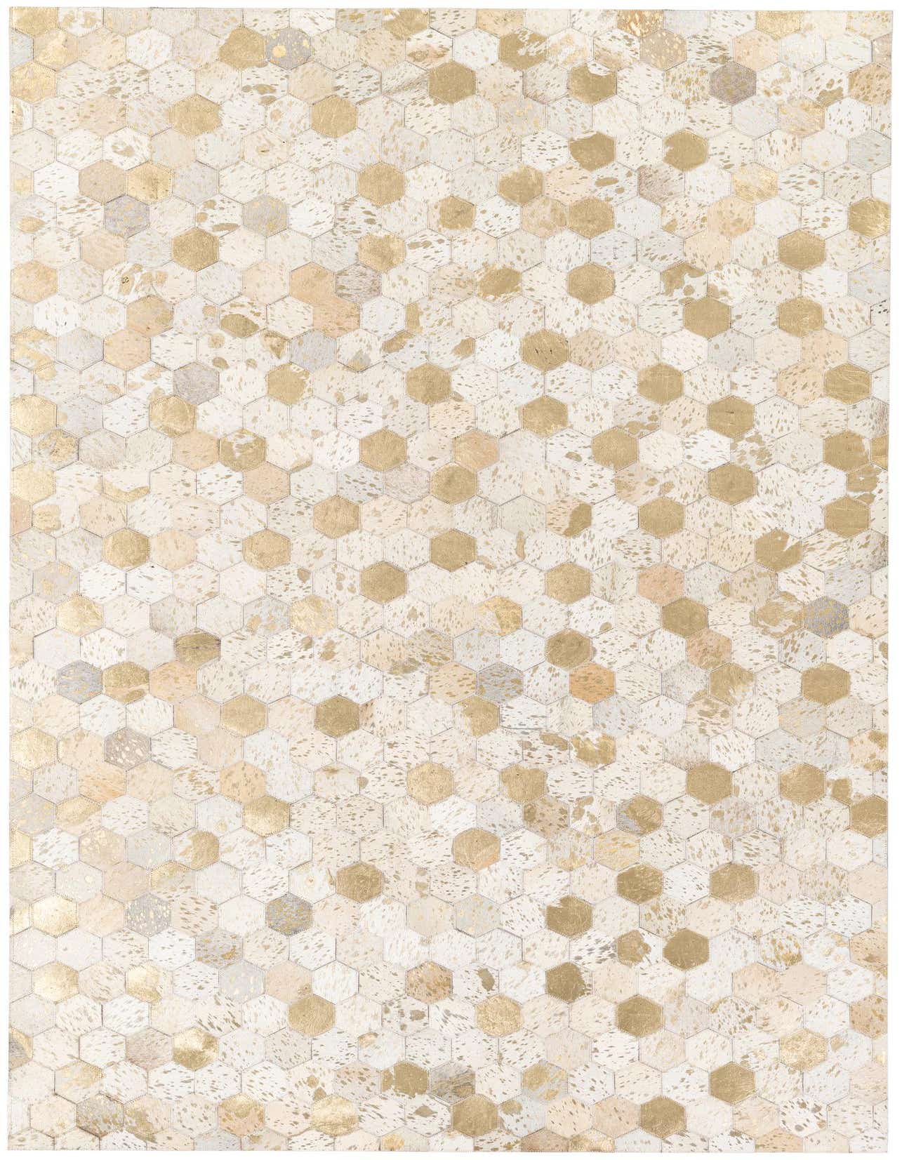 A 5x7 rectangular modern cowhide rug featuring a mosaic of ivory, cream, and metallic gold hexagonal patches.