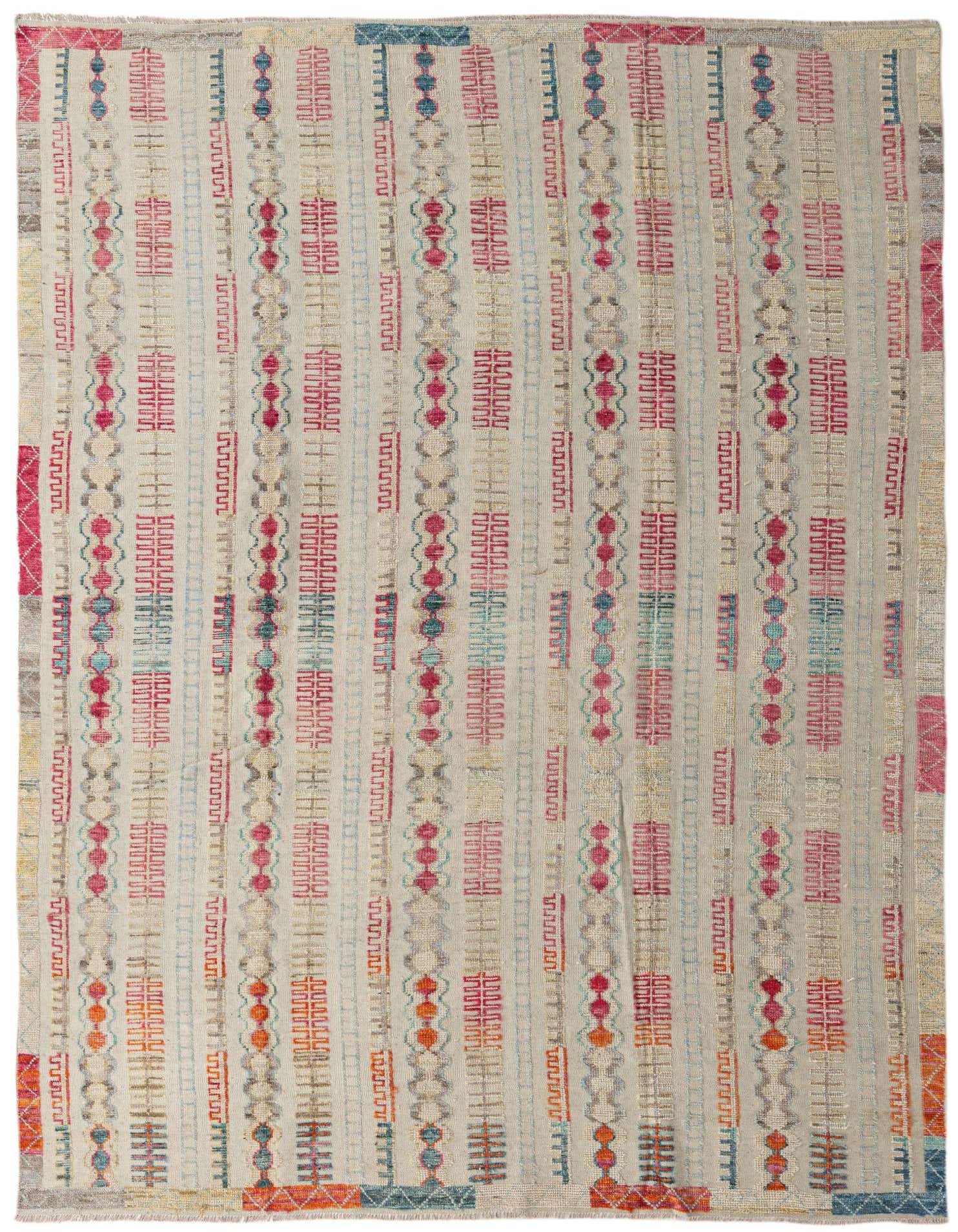 A 9x12 rectangular Darya rug with an ivory base and vertical stripes of modern abstract patterns in red, blue, and orange.