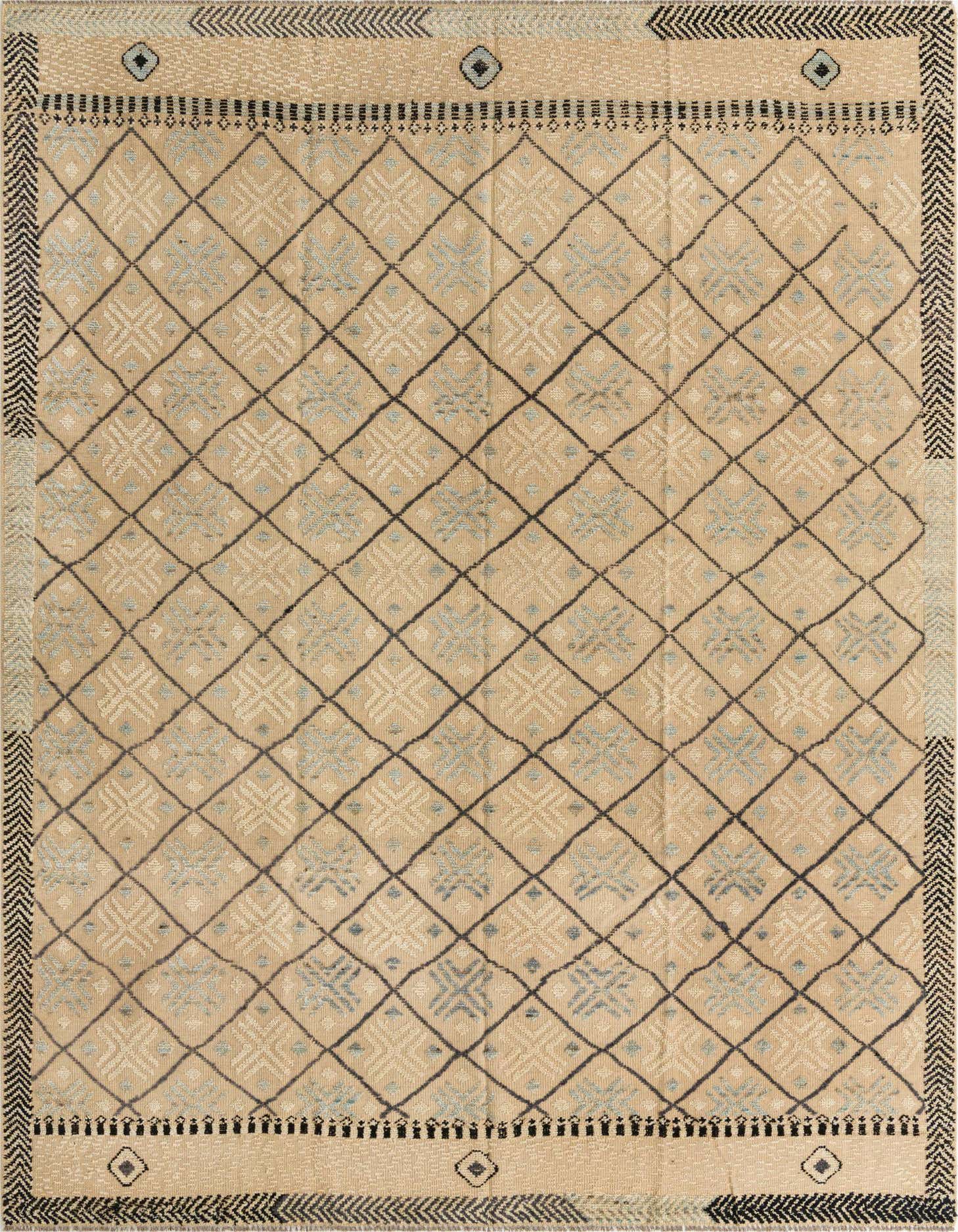 A 9x12 rectangular ivory wool rug with a modern geometric diamond pattern and subtle abstract motifs, ideal for a living room.