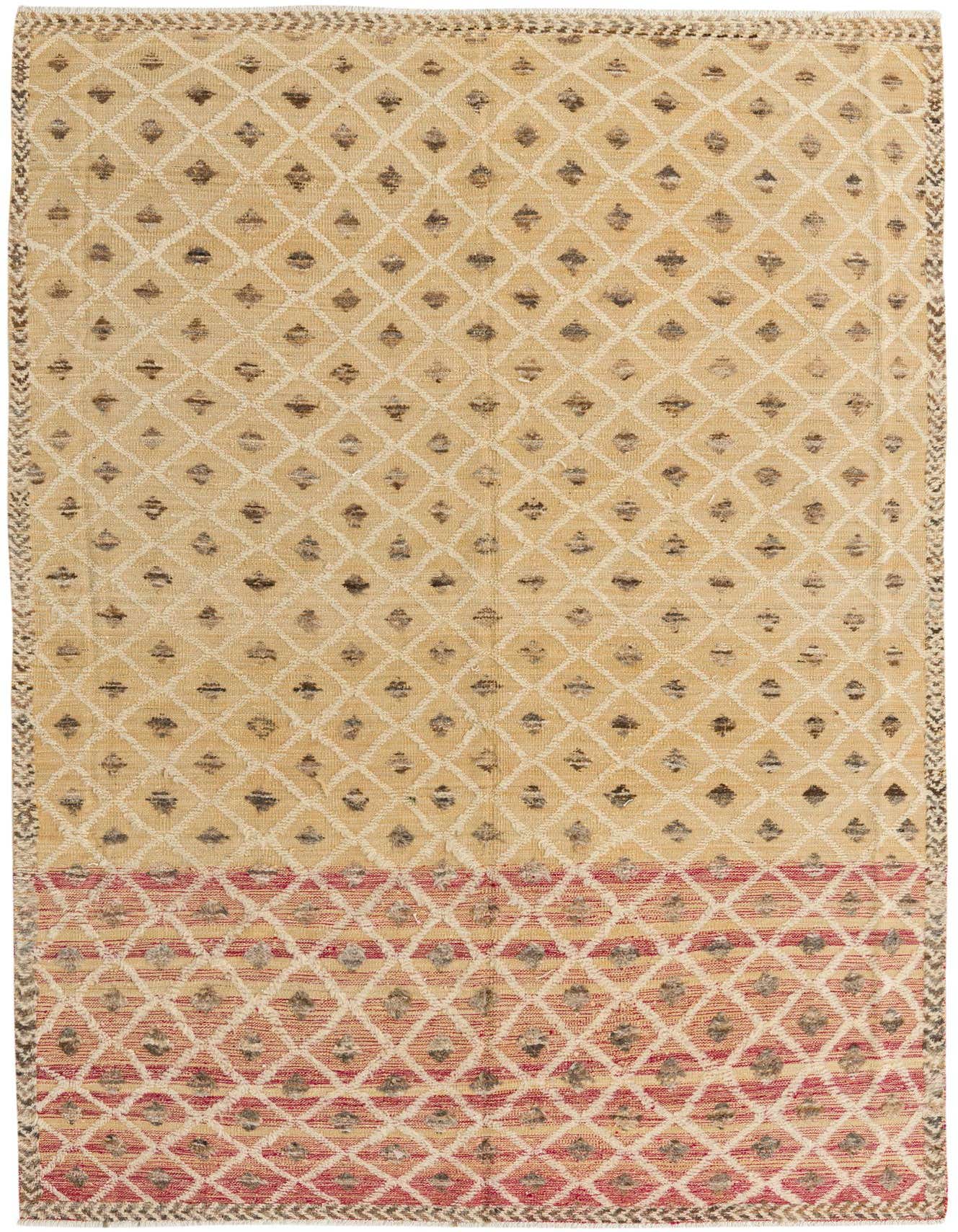 A 7x10 rectangular ivory and cream wool rug with a modern abstract diamond pattern and a red section.