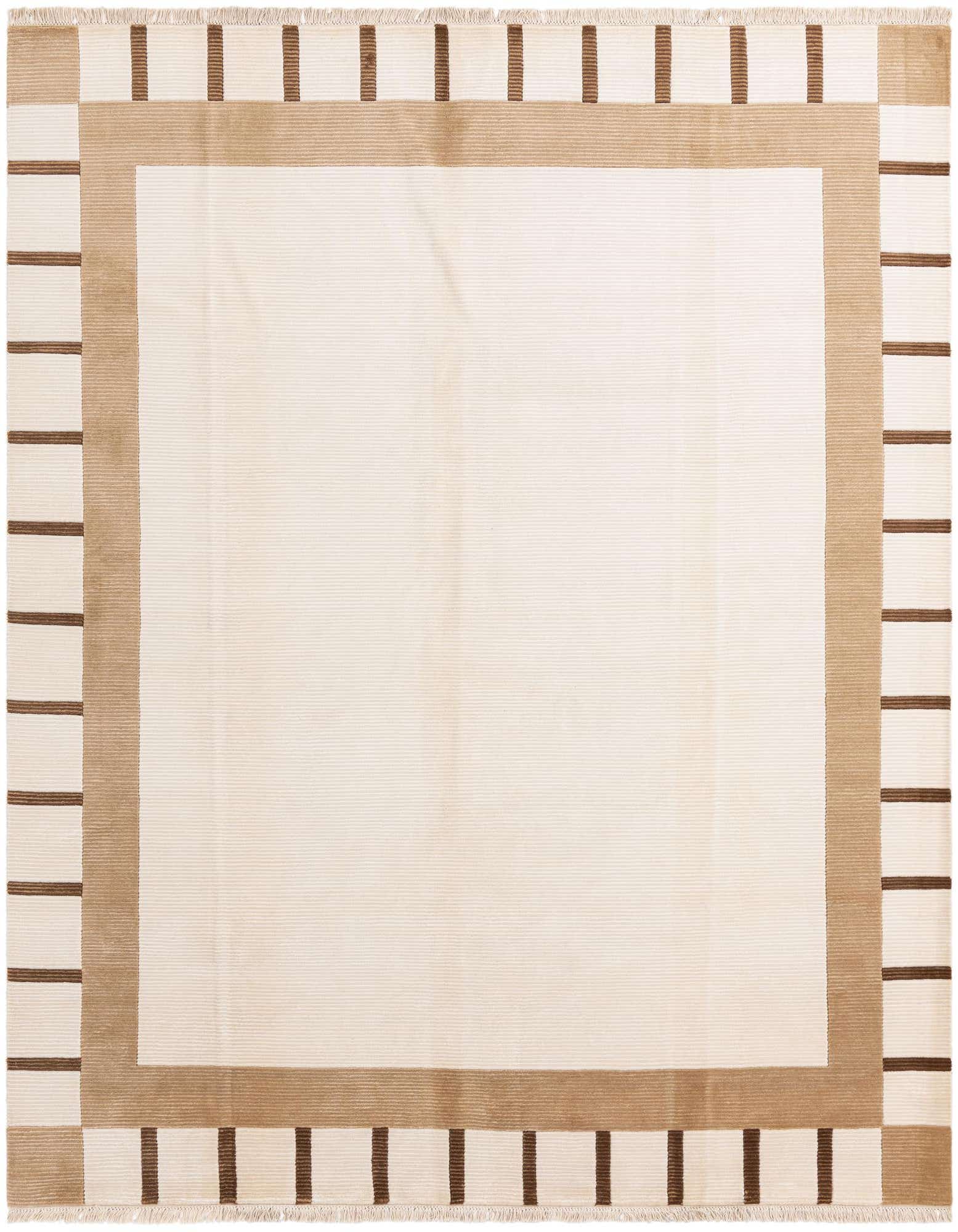 An 8x10 rectangular ivory wool rug with a modern oriental design, featuring a wide tan border and dark brown striped accents.