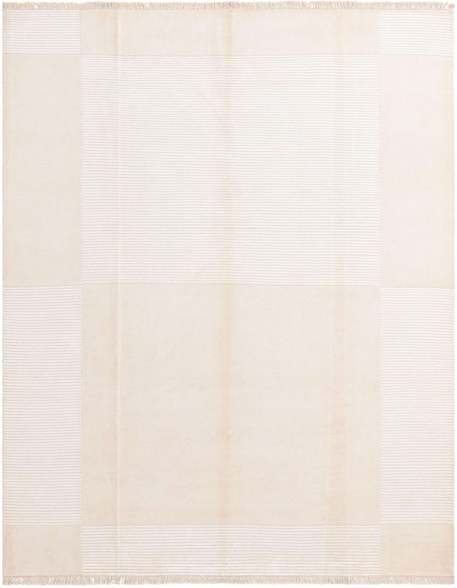 An 8x10 rectangular Darya rug in ivory and cream, featuring a modern oriental pattern with subtle horizontal stripes and solid borders.