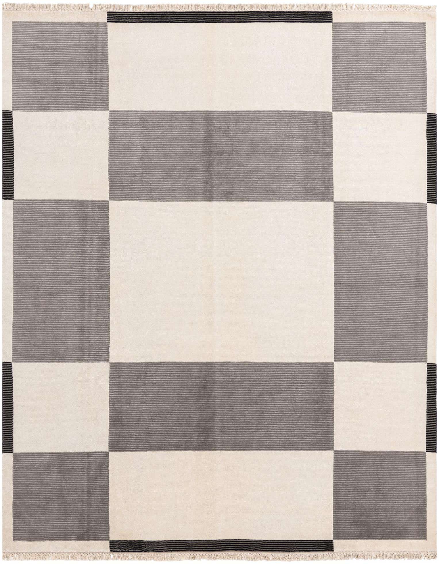A rectangular 8x10 Darya rug with a modern geometric pattern in ivory and charcoal gray blocks, handmade from wool.