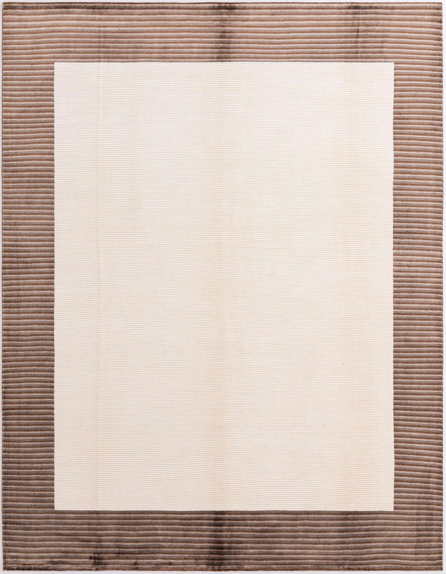 An 8x10 rectangular ivory wool rug with a subtle striped texture, featuring a wide border in a darker brown hue with horizontal stripes.