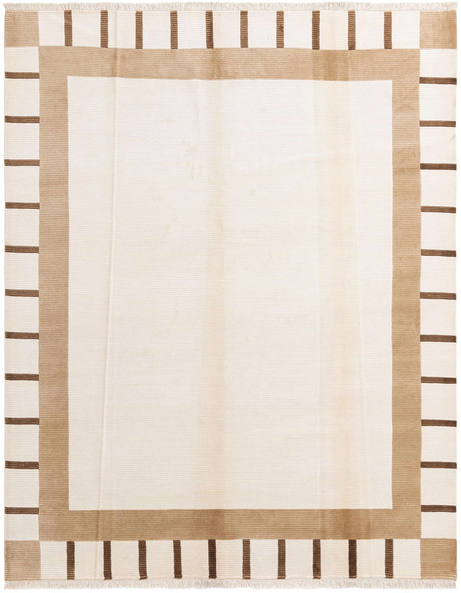 An 8x10 rectangular ivory wool rug with a modern oriental design, featuring a wide tan border and thin brown stripes.