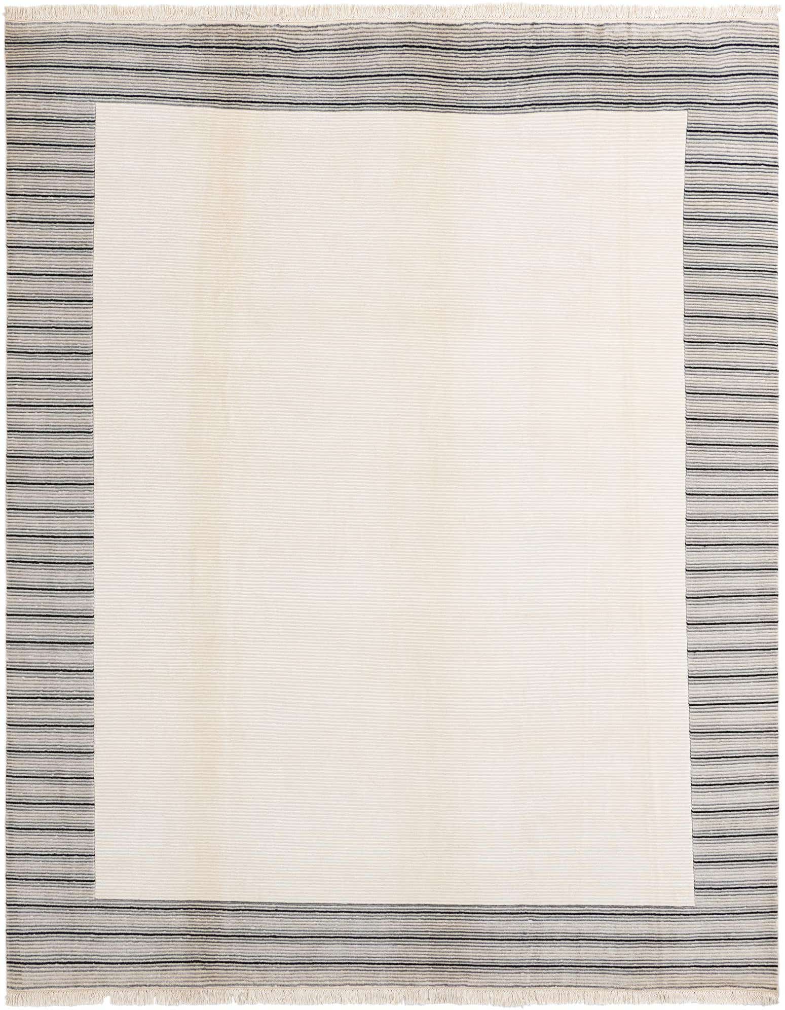 An 8x10 rectangular ivory wool rug with a modern oriental style, featuring a wide striped border in gray and black.