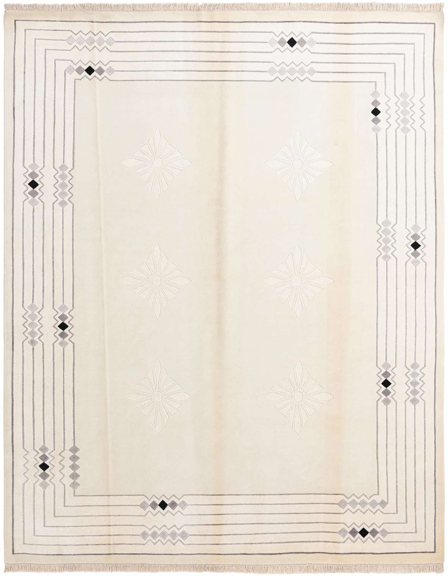 An 8x10 rectangular ivory wool rug with a modern oriental pattern, featuring a grey geometric border and subtle floral motifs.