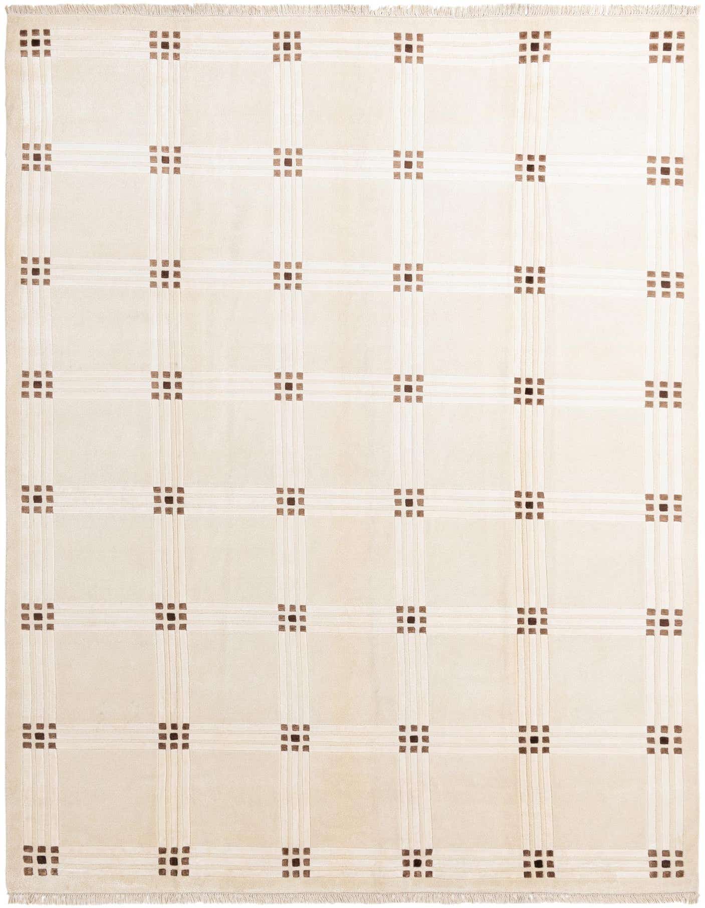 An 8x11 rectangular ivory wool rug with a modern grid pattern of thin cream lines and small brown squares.