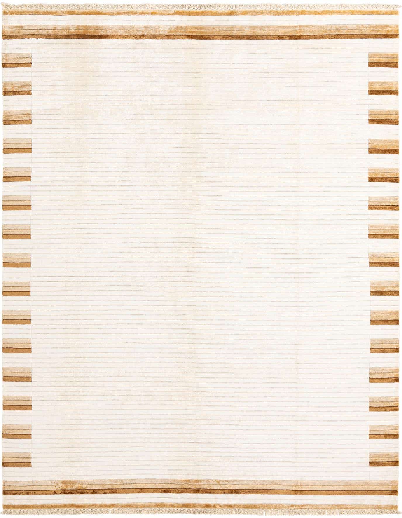 An 8x11 rectangular ivory wool rug with a subtle striped texture and a wide border featuring horizontal stripes in varying shades of brown and cream.