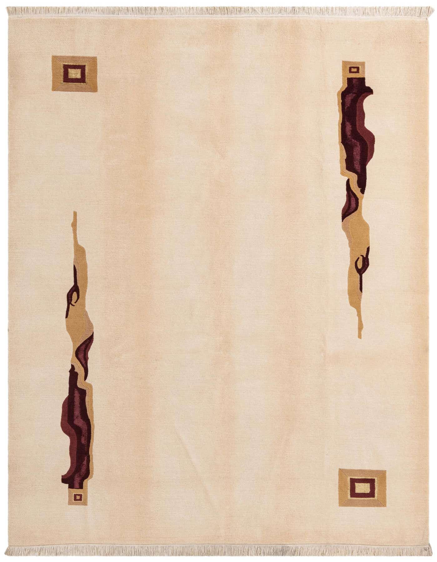 A 7x10 rectangular ivory wool rug with modern oriental abstract patterns in shades of brown and burgundy.