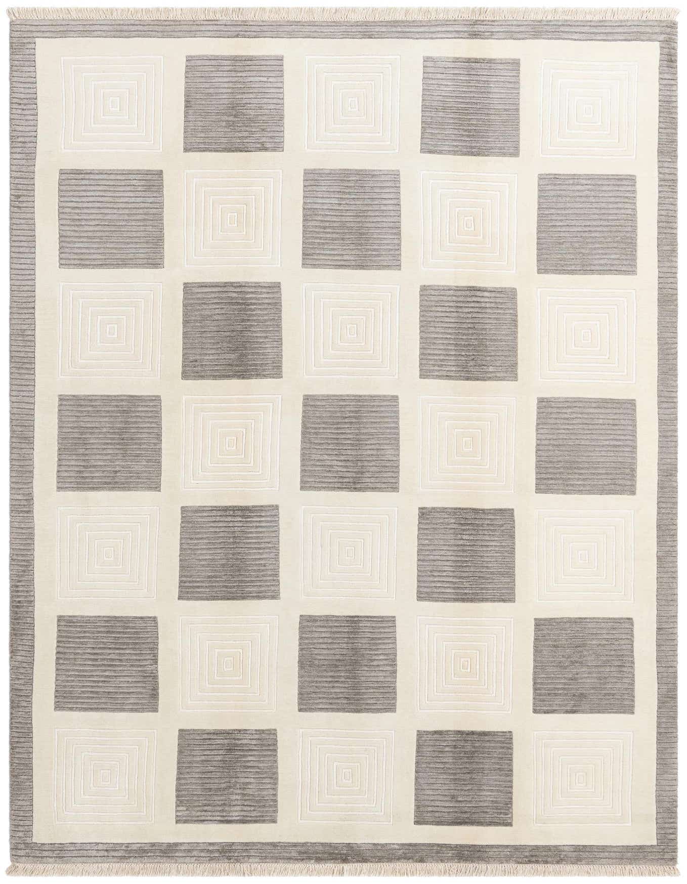 A 7x10 rectangular ivory and grey modern wool rug with a checkerboard pattern of concentric squares and horizontal stripes.