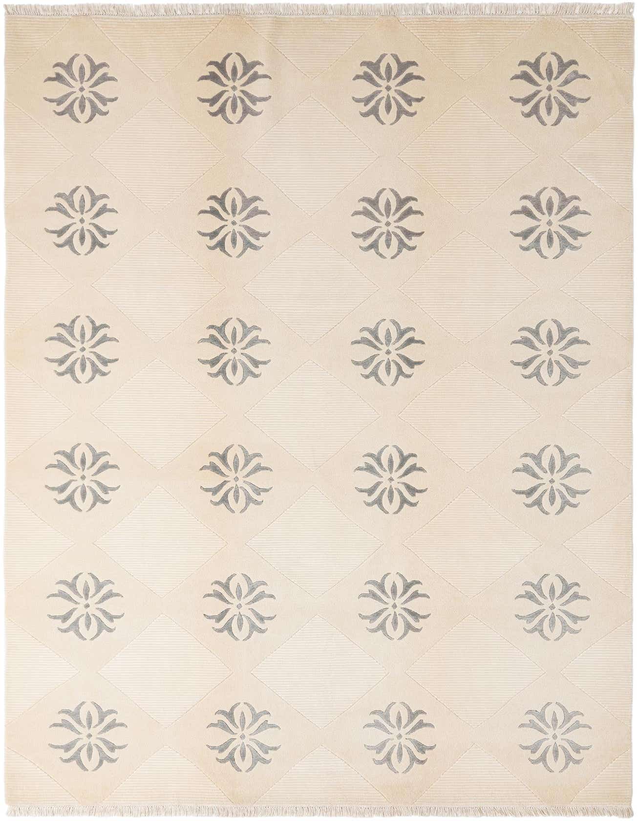 A 7x10 rectangular ivory wool rug with a modern oriental pattern of gray floral medallions within a subtle diamond grid.