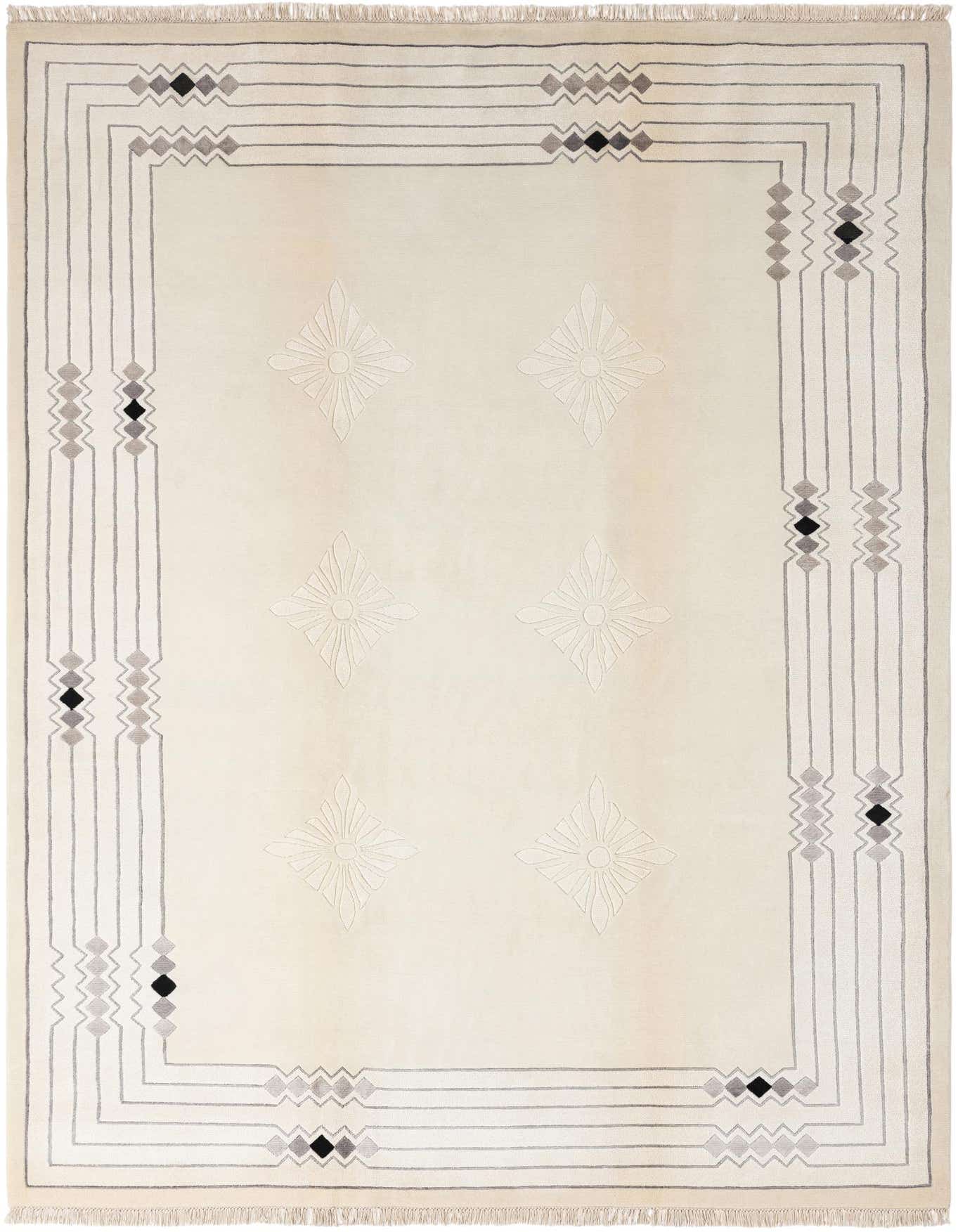 A 7x10 rectangular ivory wool rug featuring a modern oriental design with a grey geometric border and subtle floral motifs.