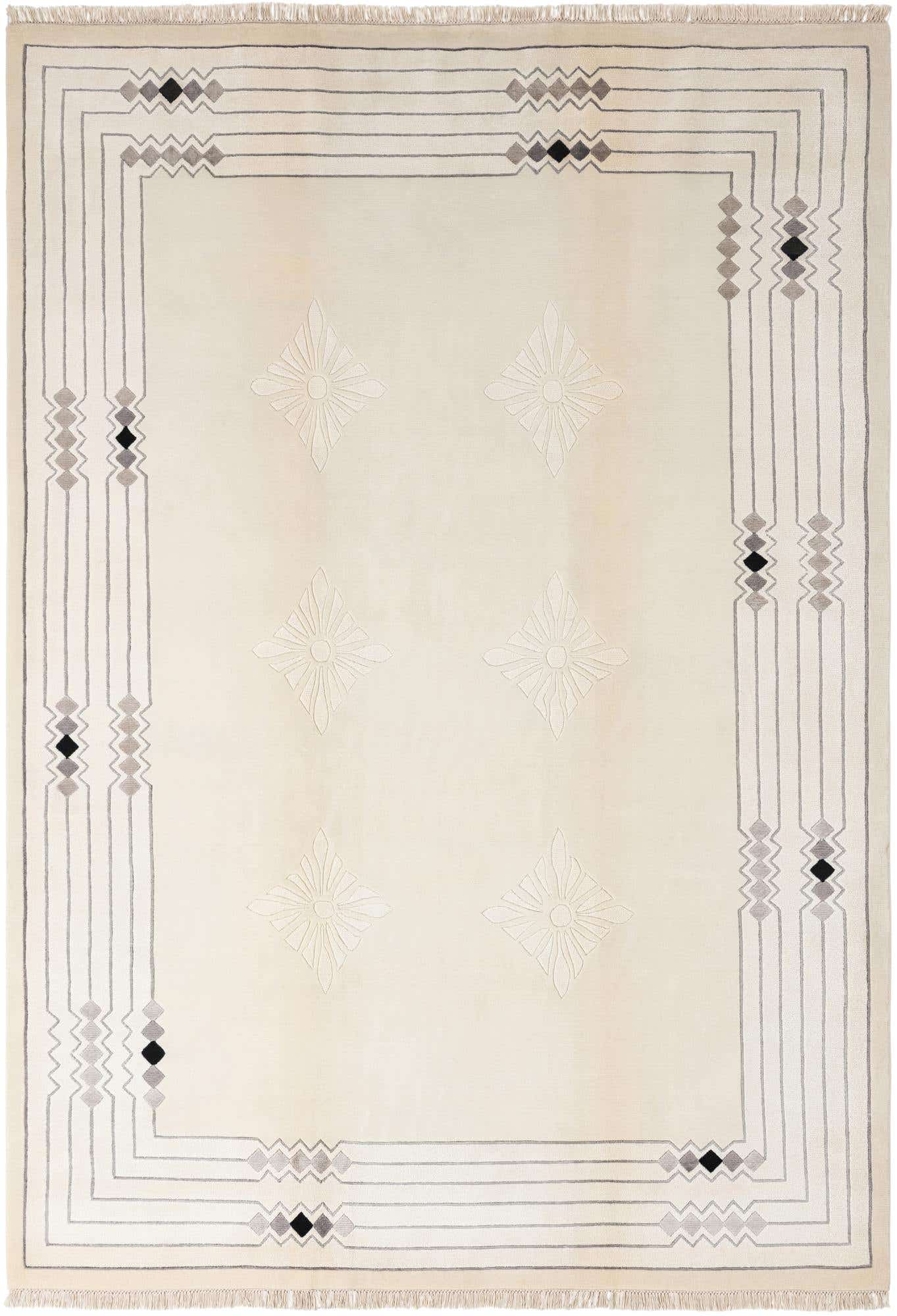 A 7x10 rectangular ivory wool rug featuring a modern oriental design with a grey geometric border and subtle floral motifs.