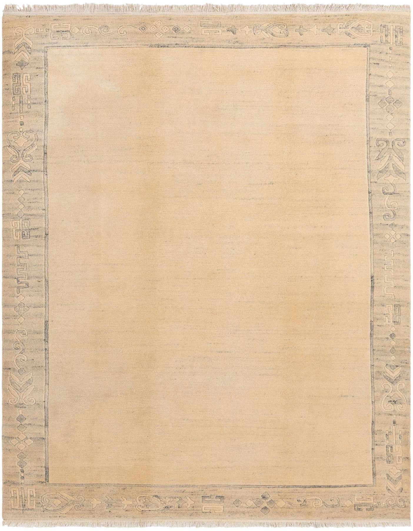 A 7x10 rectangular ivory wool rug with a subtle modern oriental border pattern and fringe.