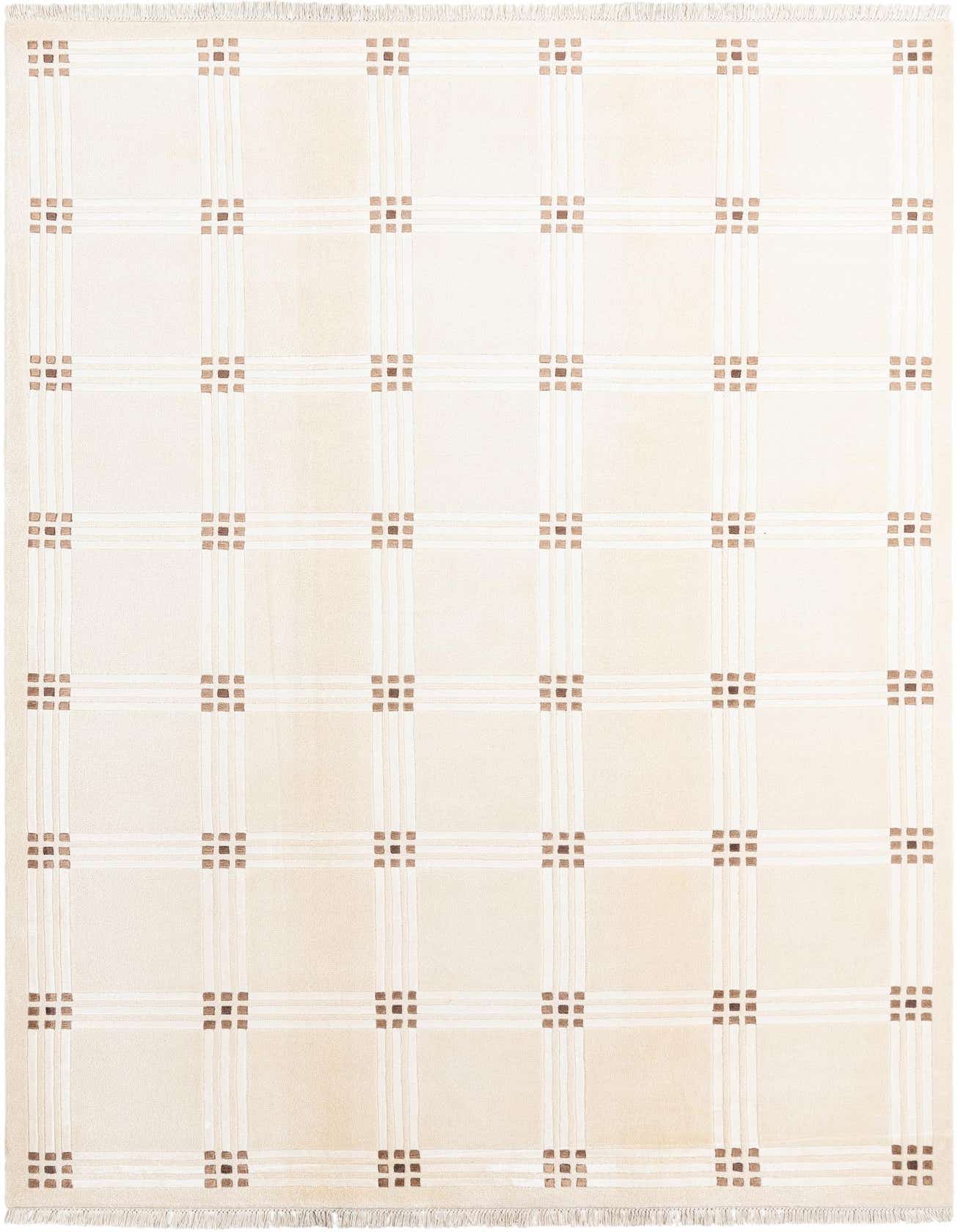 A 7x10 rectangular Darya rug in ivory and cream with a modern plaid pattern and small brown squares at intersections.