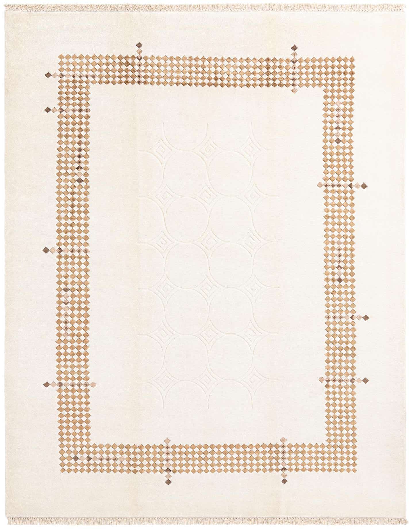 A 7x10 rectangular ivory wool rug with a modern oriental design, featuring a tan geometric border and subtle embossed circles in the center.
