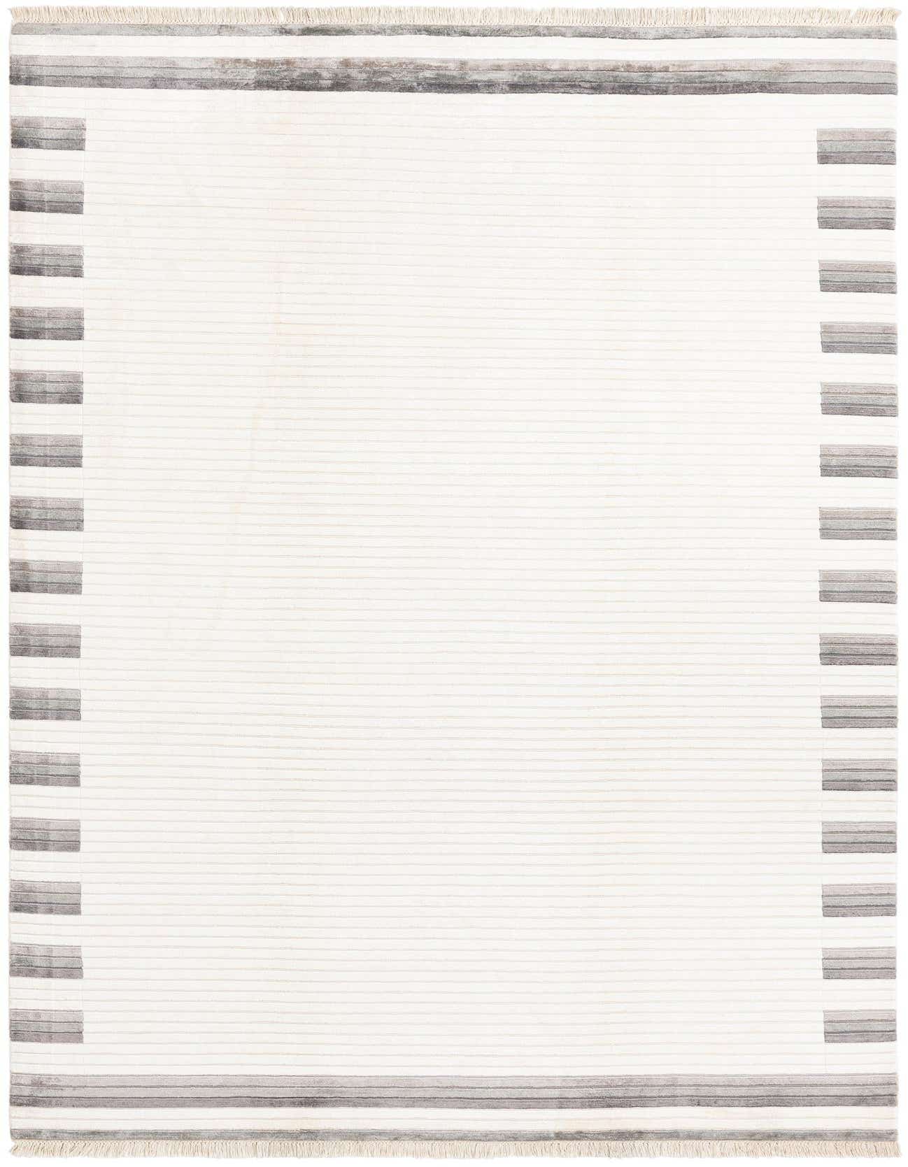 A 7x10 rectangular ivory wool rug with subtle horizontal stripes and a modern oriental design.