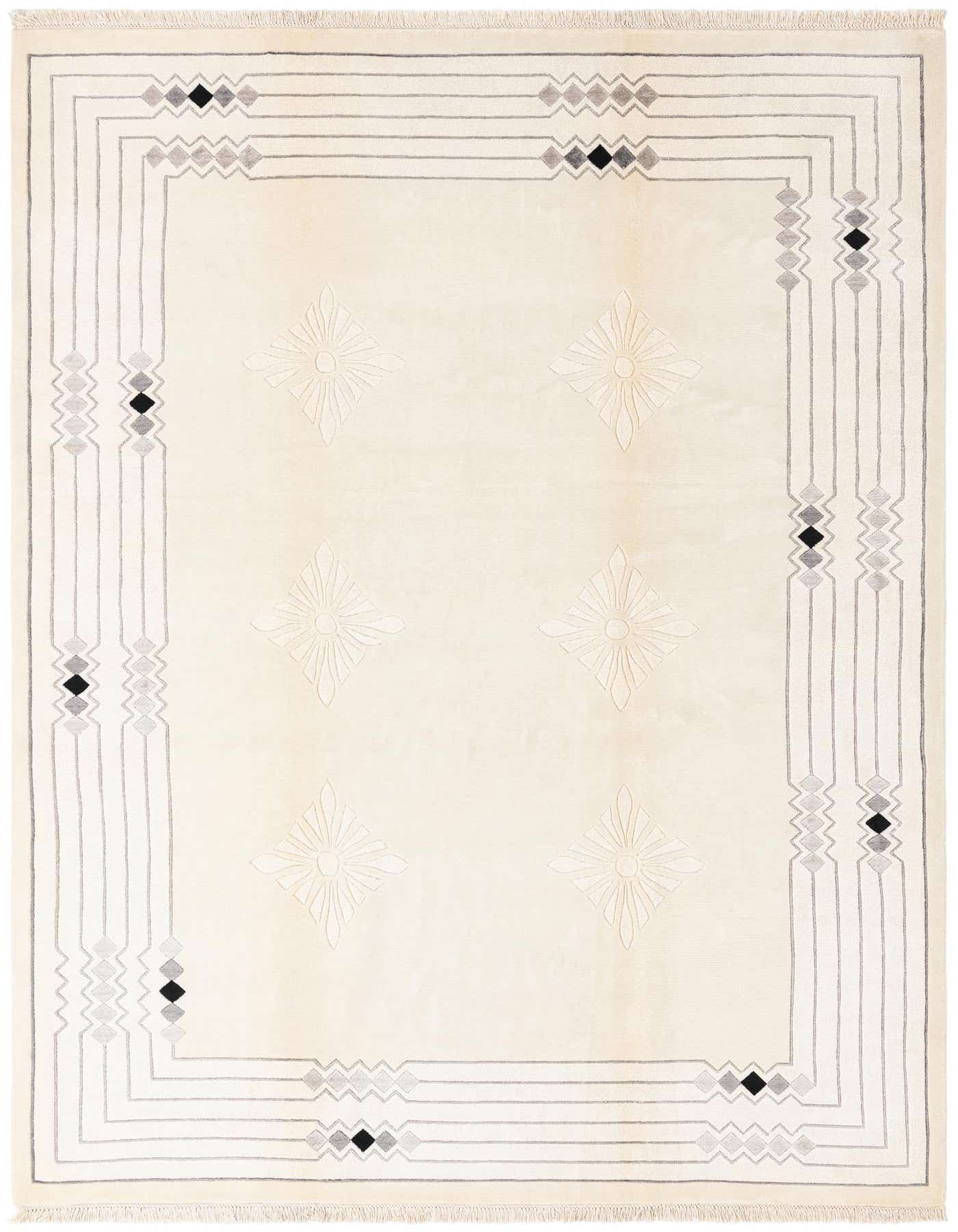 A 7x10 rectangular ivory wool rug with a modern oriental pattern, featuring a grey geometric border and subtle floral motifs in the center.