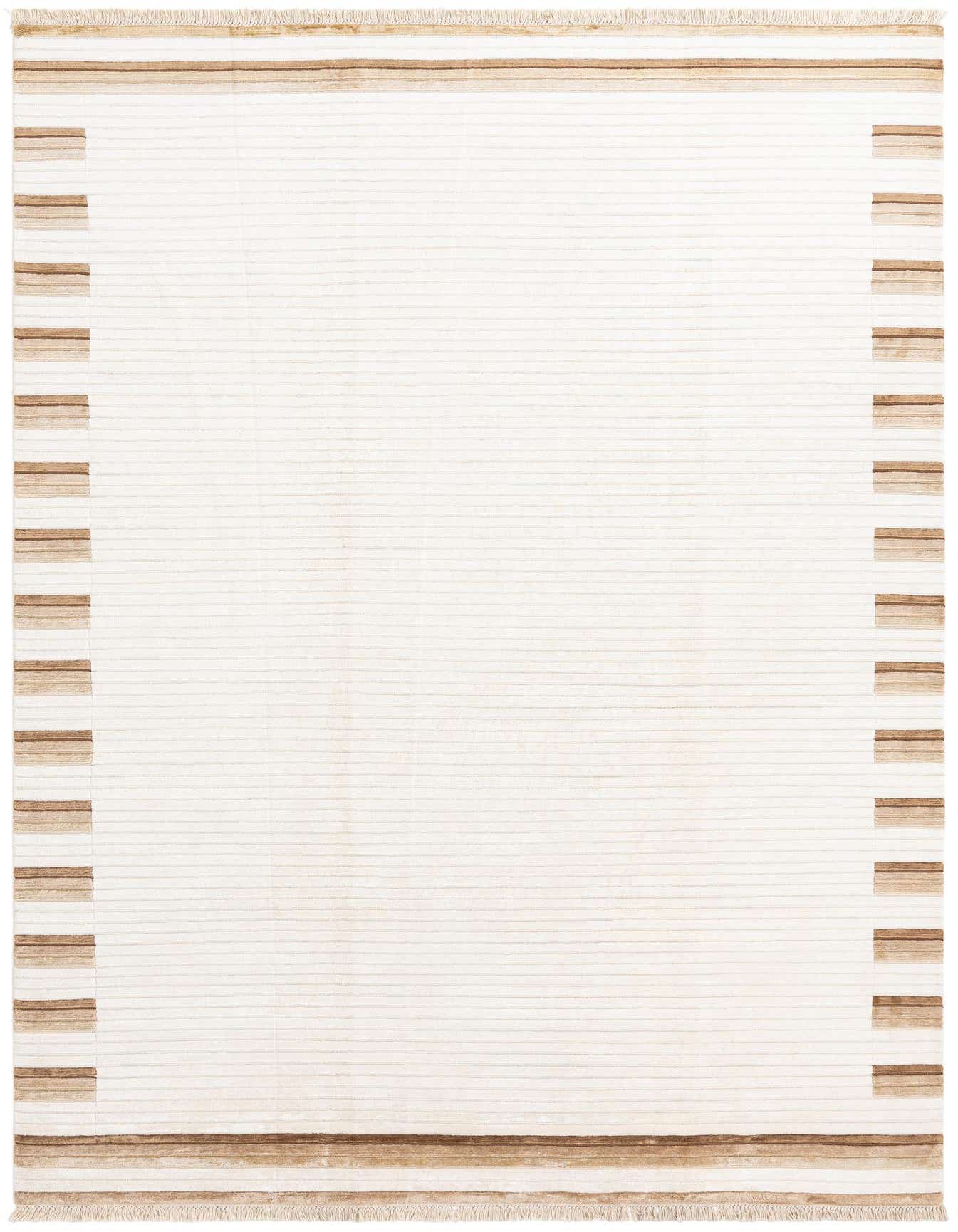 A 7x10 rectangular ivory wool rug with thin horizontal stripes and thicker brown striped borders on the short sides.